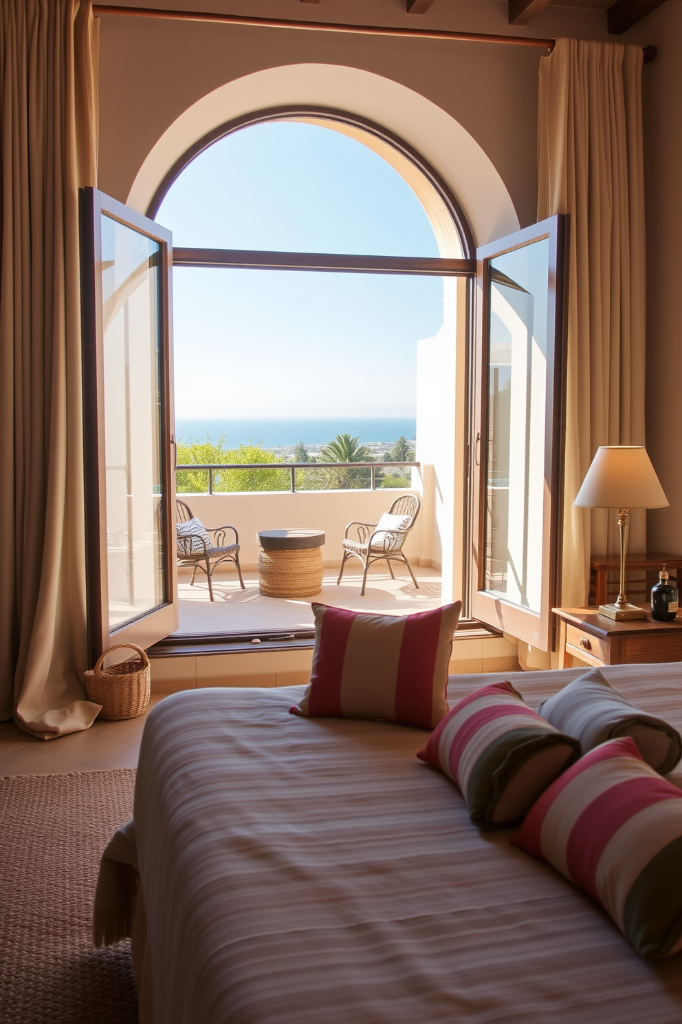 A serene Mediterranean bedroom featuring a large window that opens to a balcony. The balcony is adorned with comfortable outdoor seating, perfect for enjoying the view and fresh air. The room is decorated with soft, earthy tones and textured fabrics that evoke a warm and inviting atmosphere. A wooden bed frame is complemented by colorful throw pillows and a woven rug that adds depth to the space.