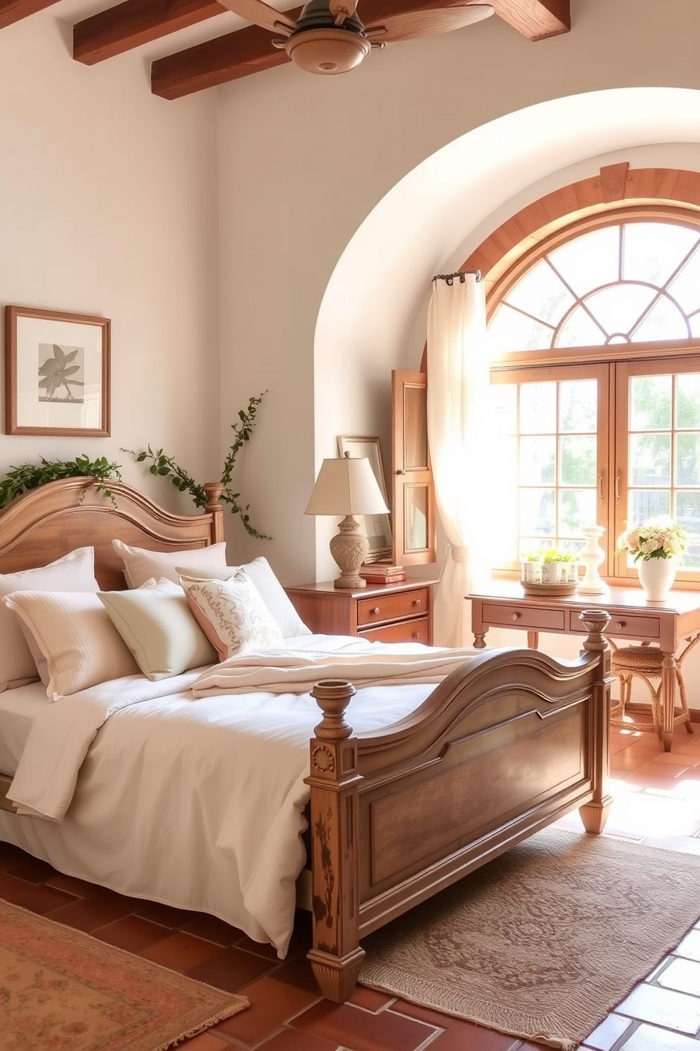 A serene Mediterranean bedroom featuring natural fiber curtains that gently filter sunlight, creating a warm and inviting atmosphere. The room is adorned with a plush bed dressed in soft linens, complemented by rustic wooden furniture and vibrant decorative accents.