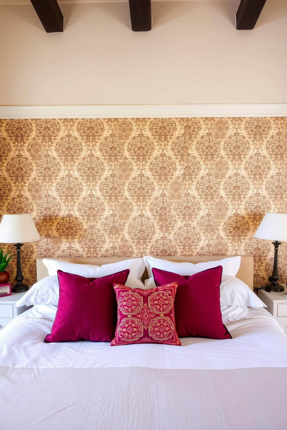 A Mediterranean bedroom featuring a large bed adorned with accent pillows showcasing bold patterns in vibrant colors. The walls are painted in a warm terracotta hue, complemented by wooden beams on the ceiling and a woven area rug on the floor.