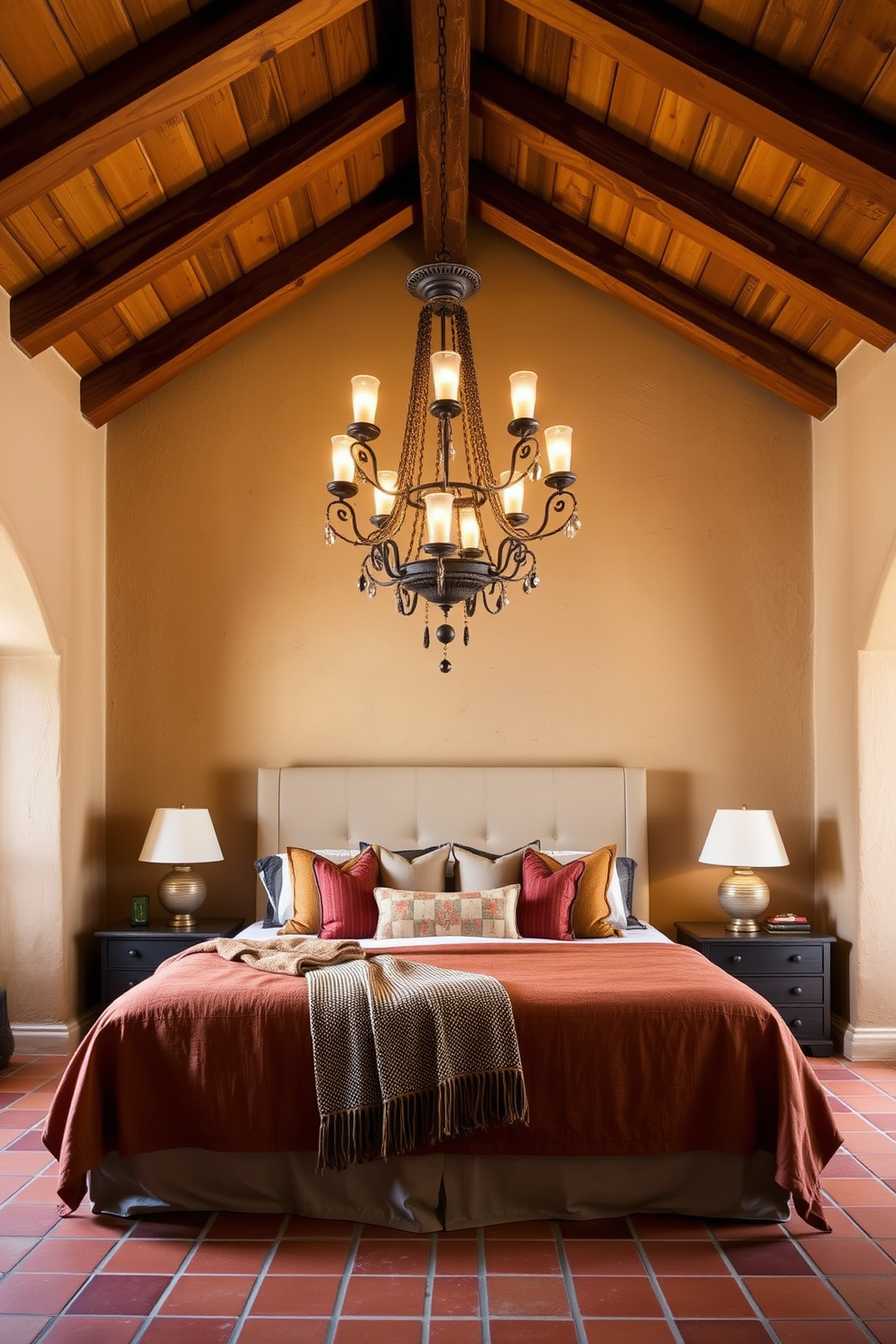 A serene Mediterranean bedroom featuring sculptural pottery as decor elements. The room is adorned with soft, earthy tones and natural textures, creating a warm and inviting atmosphere. The pottery pieces are strategically placed on shelves and side tables, adding an artistic touch to the space. Large windows allow natural light to flood in, illuminating the unique shapes and colors of the pottery.