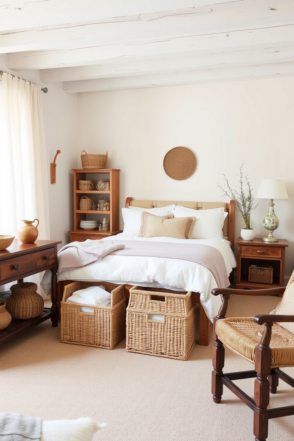 A serene Mediterranean bedroom featuring seagrass baskets for organized storage. The room is adorned with soft white linens, earthy tones, and rustic wooden furniture, creating a cozy and inviting atmosphere.