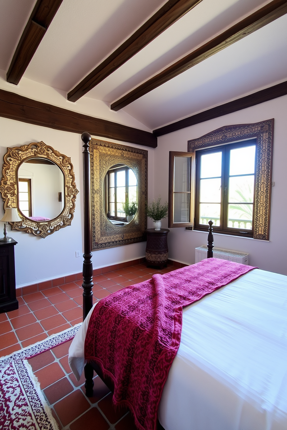 A Mediterranean bedroom features artisan-crafted mirrors that beautifully reflect natural light, enhancing the warm and inviting atmosphere of the space. The room is adorned with terracotta tiles, whitewashed walls, and wooden beams, creating a harmonious blend of elegance and comfort.