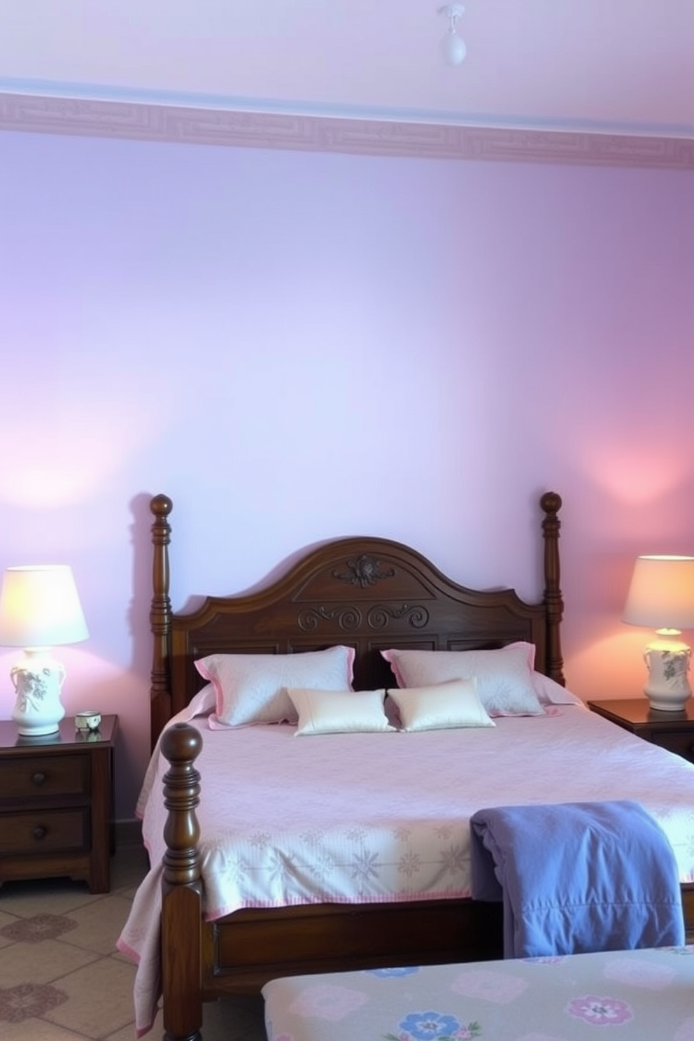 A Mediterranean bedroom with soft pastel colors creates a serene and inviting atmosphere. The walls are painted in a light lavender hue, and the bedding features a mix of soft blues and pinks with delicate patterns. A wooden bed frame with intricate carvings serves as the focal point of the room. Flanking the bed are matching nightstands adorned with ceramic lamps that emit a warm glow, enhancing the tranquil ambiance.