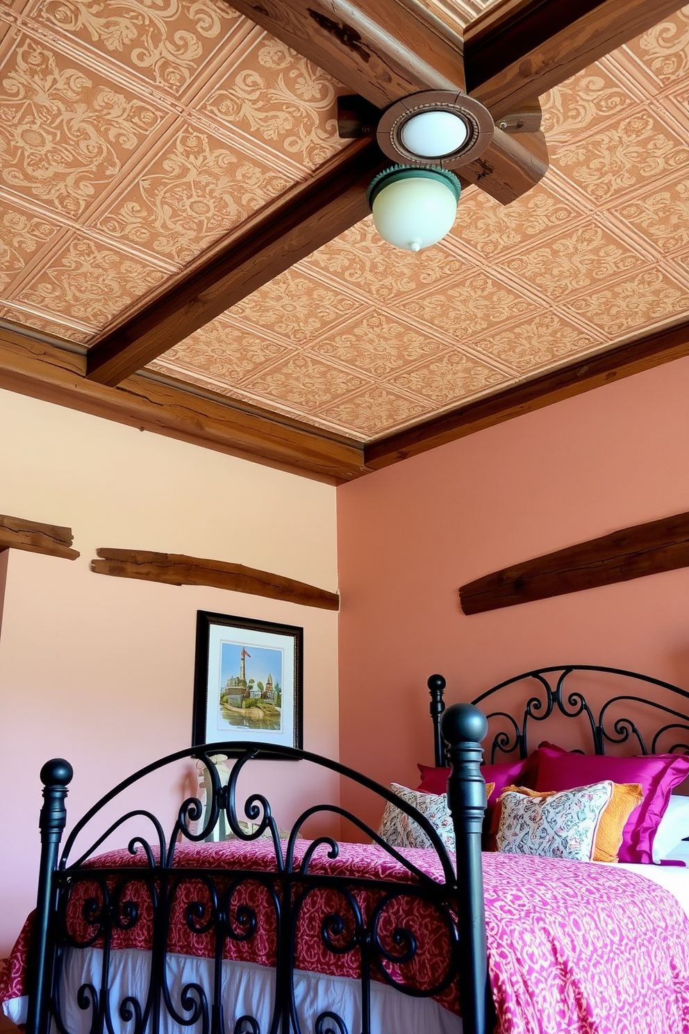 Decorative ceiling tiles add a unique touch to a Mediterranean bedroom. The ceiling features intricate patterns in warm earthy tones, creating a cozy and inviting atmosphere. The walls are painted in soft pastel hues, complemented by rustic wooden beams. A wrought iron bed frame is adorned with plush bedding in vibrant colors, enhancing the room's charm.