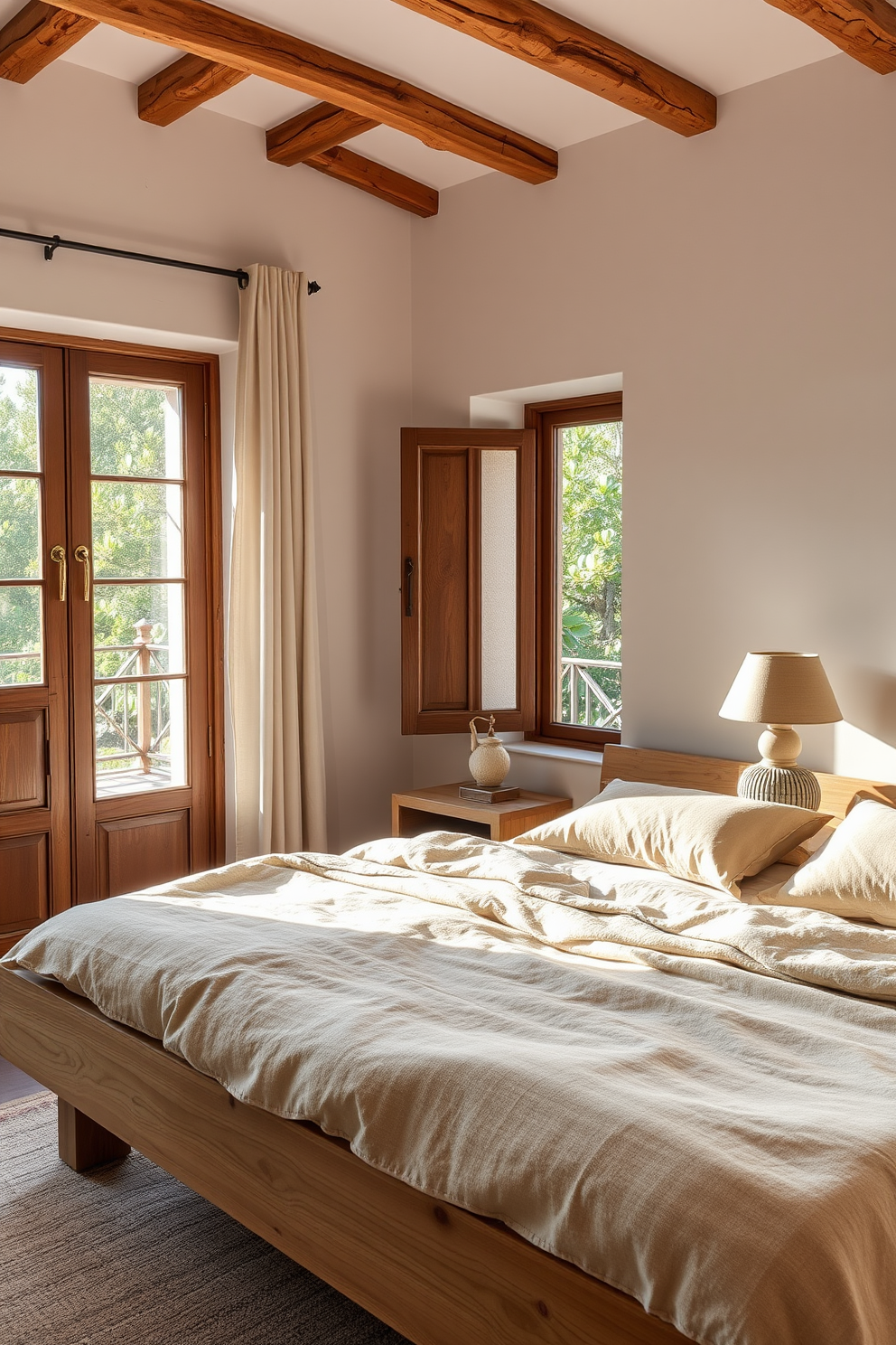 A serene Mediterranean bedroom featuring sustainable materials. The bed is made from reclaimed wood with soft organic cotton bedding in earthy tones. Natural light floods the room through large windows adorned with linen curtains. A handmade ceramic lamp sits on a nightstand crafted from bamboo, complementing the overall eco-friendly aesthetic.