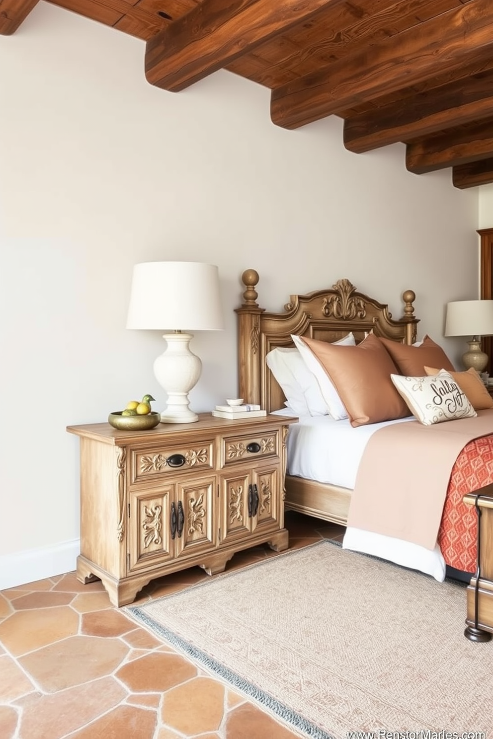 A cozy reading nook featuring a plush armchair upholstered in soft fabric. A small side table holds a steaming cup of tea and a stack of books, while a warm throw blanket drapes over the armrest. Mediterranean bedroom design ideas showcasing a serene color palette of whites and blues. The room includes a wrought iron bed frame adorned with crisp white linens and decorative pillows, complemented by terracotta tiles underfoot.