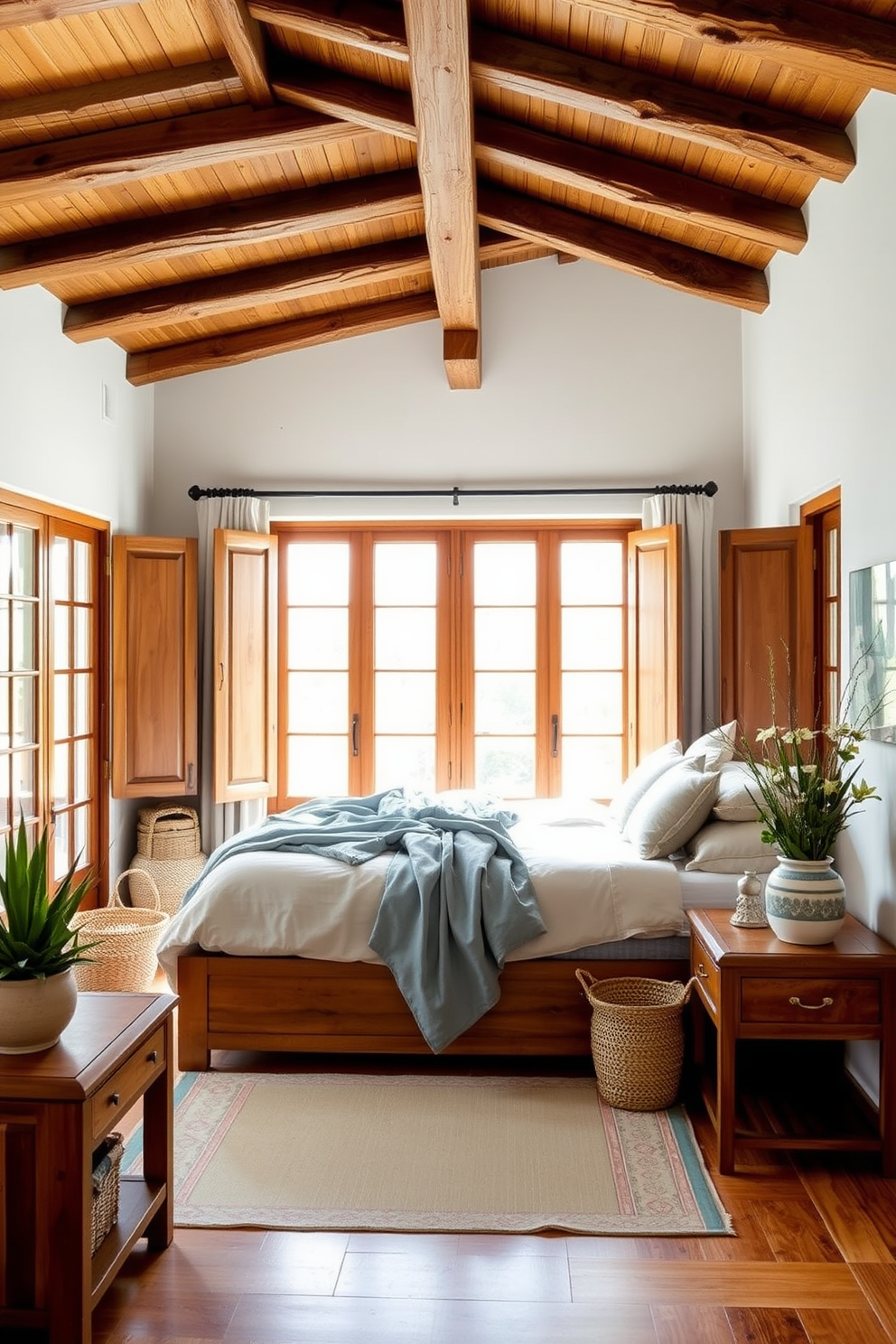 A cozy Mediterranean bedroom featuring warm wood tones throughout the furniture. The bed is adorned with cool, soft fabrics in shades of blue and cream, creating a serene atmosphere. Natural light pours in through large windows, illuminating the rich wooden beams on the ceiling. Decorative elements include woven baskets and ceramic pots filled with greenery, enhancing the inviting feel of the space.