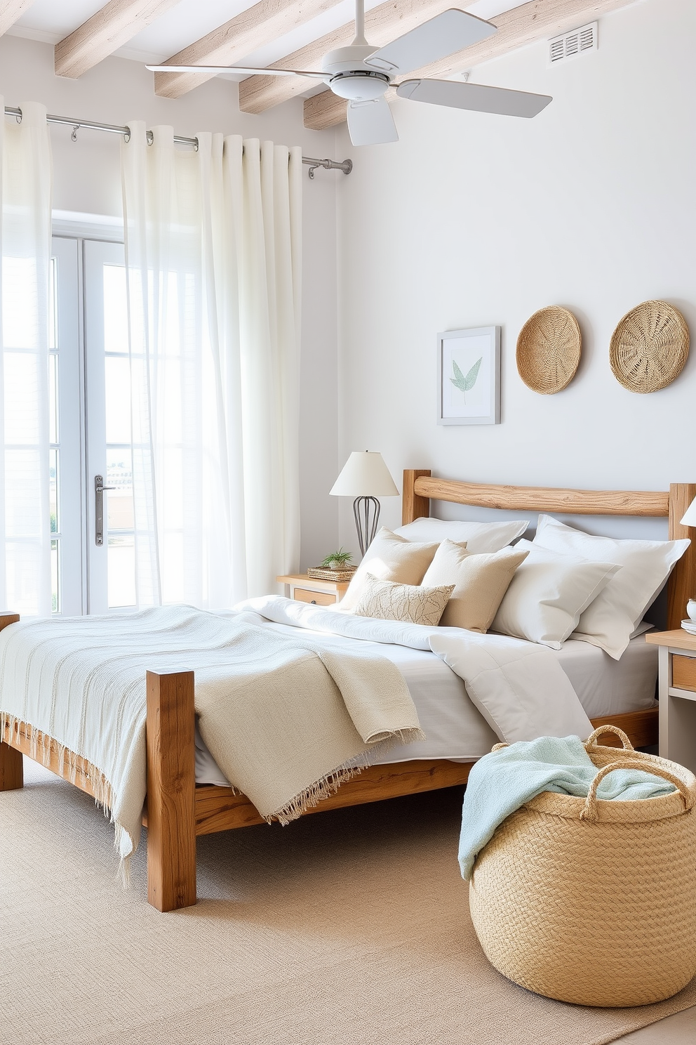 Coastal-inspired decor elements create a serene atmosphere in the Mediterranean bedroom. Soft blue and sandy beige tones dominate the color palette, complemented by natural textures like woven baskets and linen fabrics. A large window allows natural light to flood the space, showcasing sheer white curtains that gently sway in the breeze. The room features a rustic wooden bed frame adorned with plush pillows and a lightweight quilt, evoking a relaxed seaside vibe.