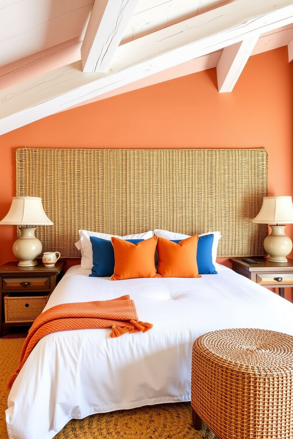 A cozy Mediterranean bedroom featuring a woven rattan headboard that adds texture and warmth to the space. The walls are painted in soft terracotta tones, complemented by whitewashed wooden beams across the ceiling. The bed is dressed in crisp white linens with vibrant blue and orange accent pillows. A pair of rustic bedside tables hold ceramic lamps that cast a warm glow, while a woven area rug anchors the room.