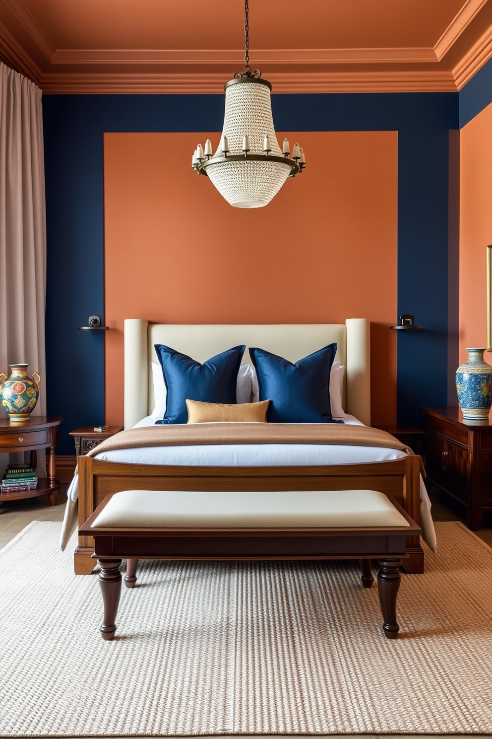 A Mediterranean bedroom featuring sophisticated color blocking in decor. The walls are painted in warm terracotta tones, complemented by deep blue accent pillows on the bed. A large woven rug in neutral shades anchors the space, while elegant wooden furniture adds warmth. Decorative ceramic vases with vibrant colors sit on the nightstands, enhancing the Mediterranean aesthetic.