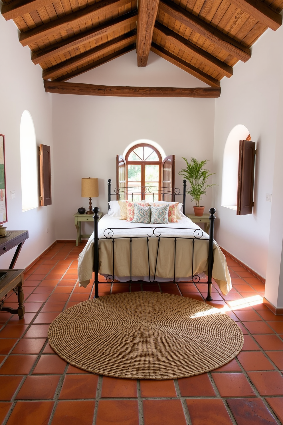 A Mediterranean bedroom featuring natural wood beams on the ceiling creates a warm and inviting atmosphere. The walls are adorned with a soft pastel color, and the flooring is a light-colored terracotta tile. A plush king-sized bed is centered in the room, dressed in crisp white linens and accented with vibrant throw pillows. Flanking the bed are rustic nightstands made of reclaimed wood, each topped with elegant lamps that cast a soft glow.