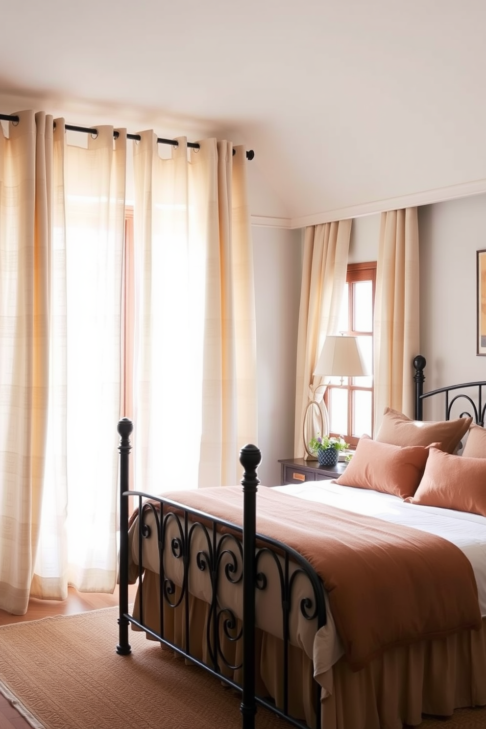 A Mediterranean bedroom design featuring soft linen curtains that create an airy and light atmosphere. The room is adorned with a wrought iron bed frame, complemented by plush bedding in warm earth tones.