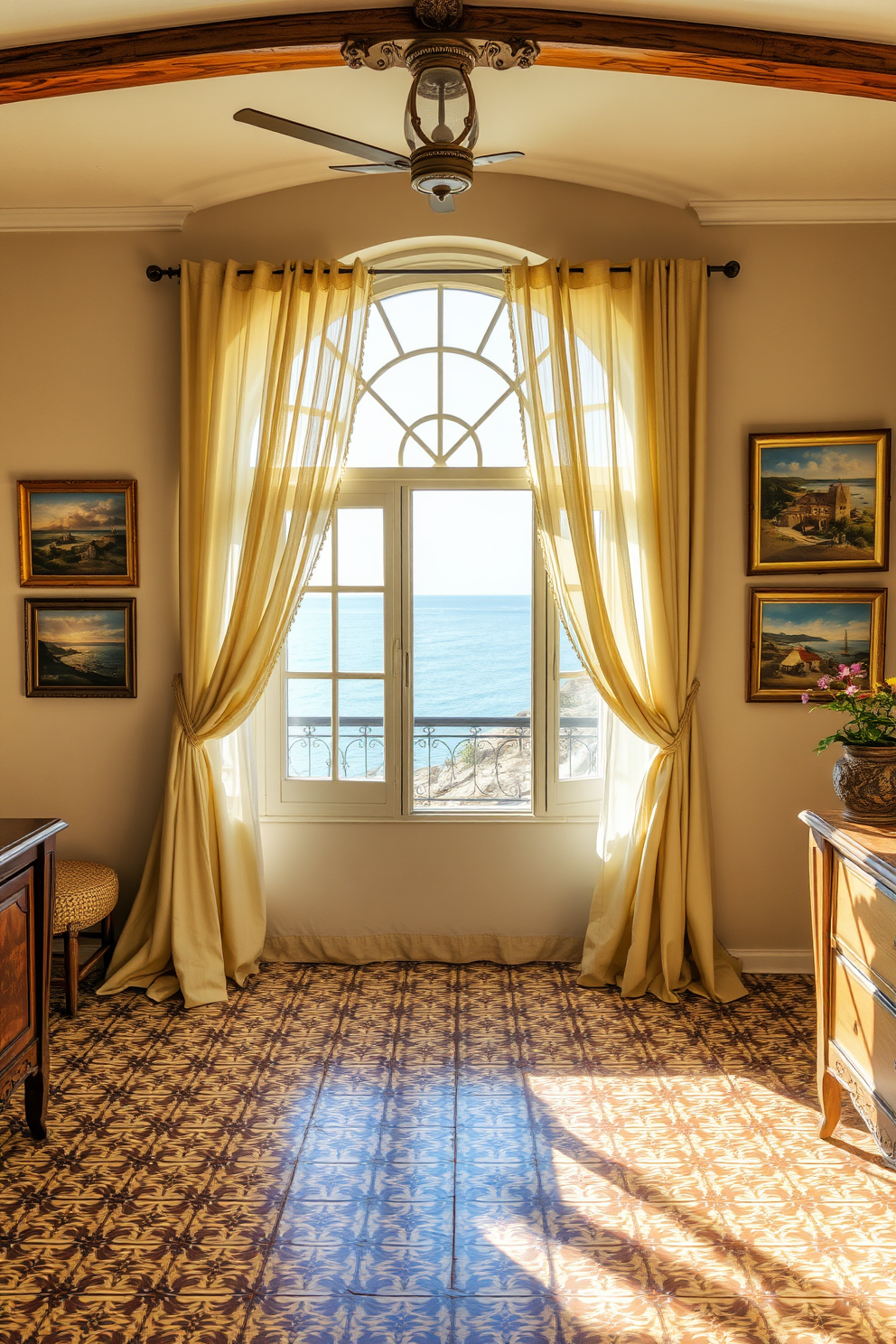 A vintage Mediterranean bedroom features intricate tile work on the floor and soft, flowing drapes that frame the windows. The walls are adorned with beautiful vintage artwork depicting coastal scenes, creating a serene and inviting atmosphere.