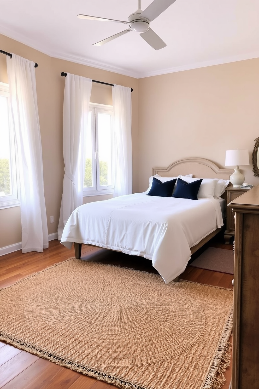 A serene Mediterranean bedroom featuring a neutral color palette with pops of blue accents. The walls are painted in a soft beige, complemented by crisp white bedding and navy blue throw pillows on the bed. Natural light floods the room through large windows adorned with sheer white curtains. A woven area rug adds texture to the wooden floor, while a vintage wooden dresser in the corner provides additional storage and charm.