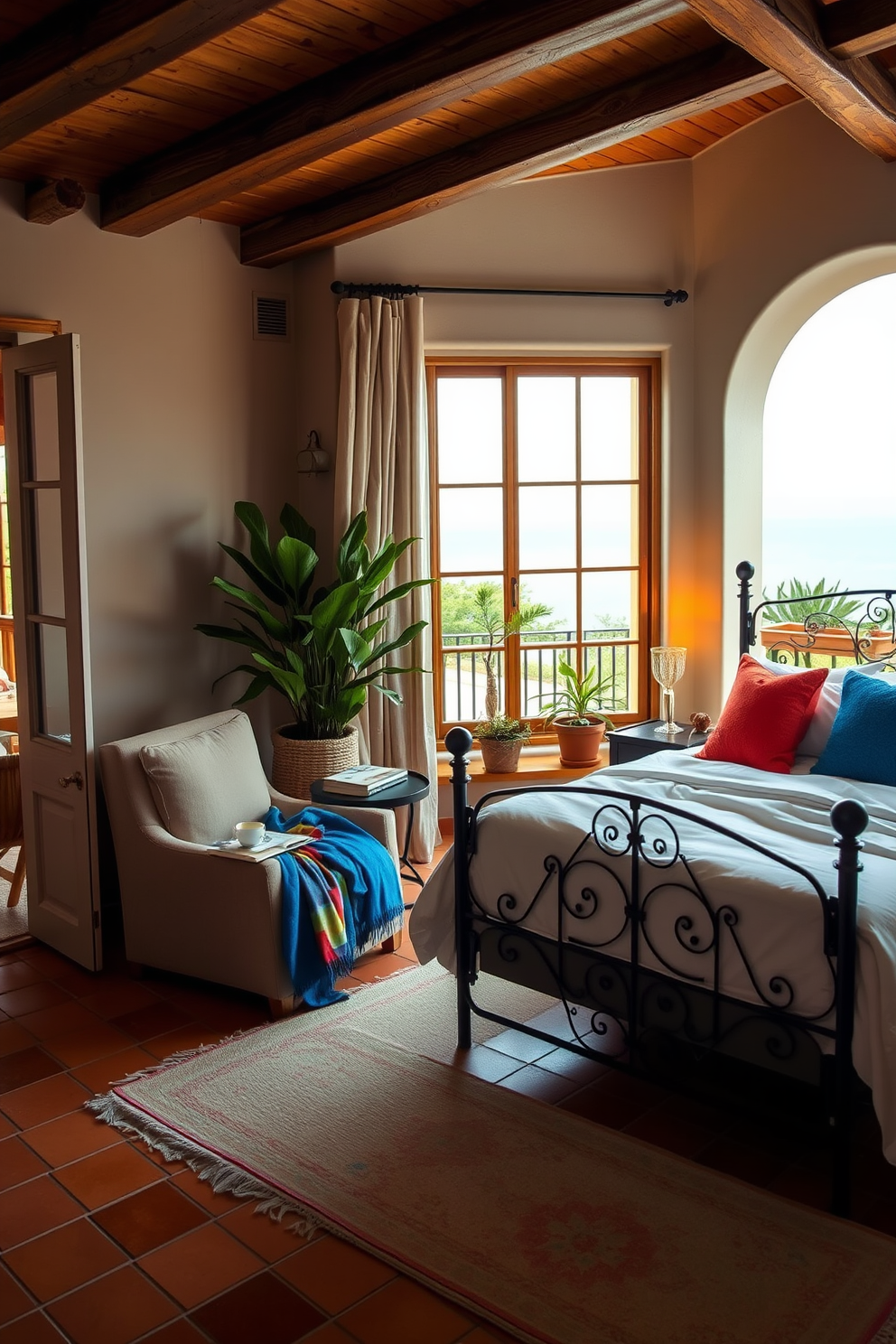 Cozy reading nook by the window. A plush armchair in a soft fabric is positioned beside a large window, offering a view of the garden outside. A small side table holds a stack of books and a steaming cup of tea. The nook is adorned with warm, ambient lighting and a colorful throw blanket draped over the armchair. Mediterranean Bedroom Design Ideas. The room features a large wrought iron bed with crisp white linens and vibrant blue accent pillows. Terracotta tiles cover the floor, complemented by wooden beams on the ceiling. A small balcony with potted plants overlooks the sea, enhancing the room's serene atmosphere.