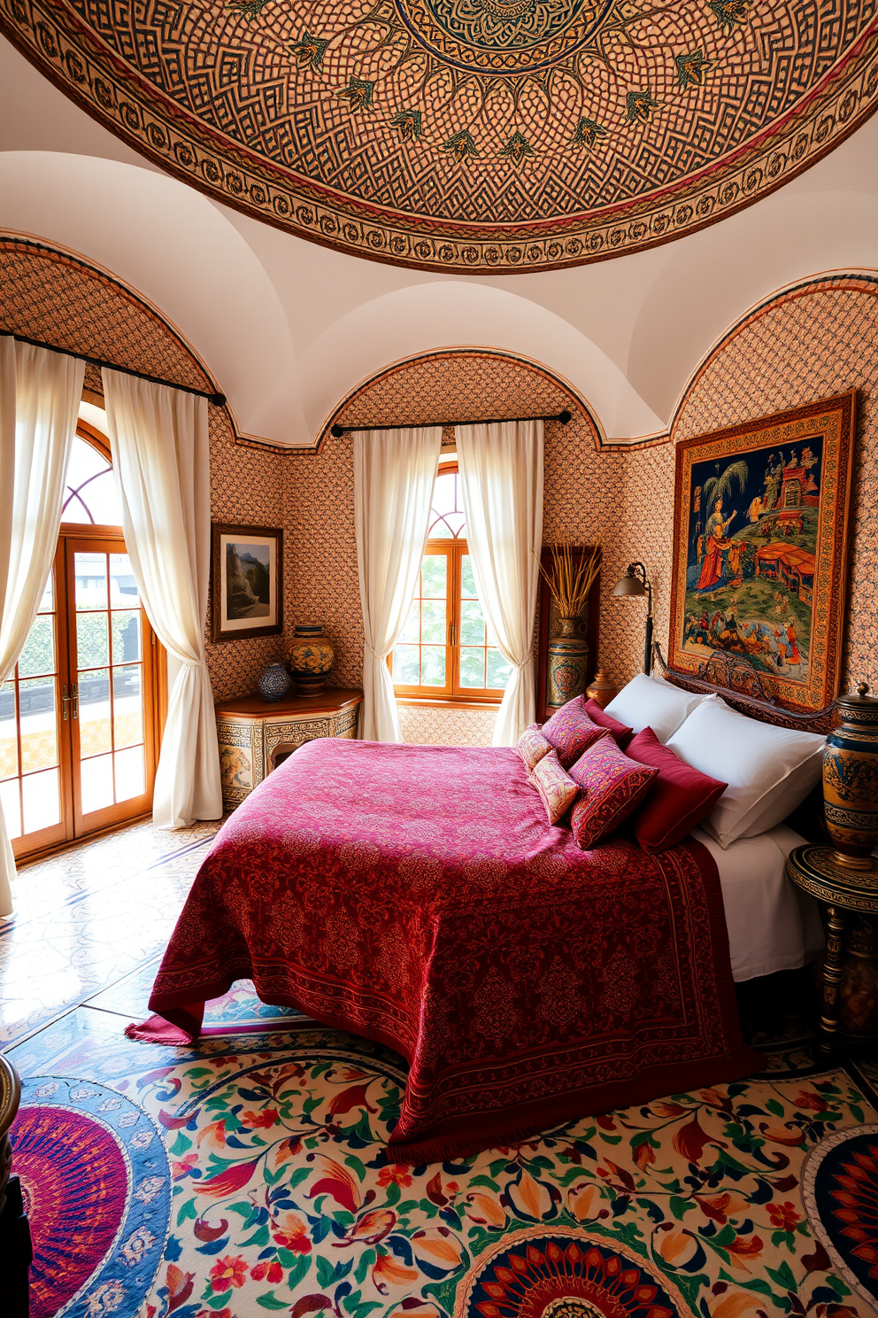 A Mediterranean bedroom featuring intricate mosaic patterns on the walls and floor. The room is adorned with rich textiles in vibrant colors, including a large bed with a patterned quilt and plush pillows. Natural light floods the space through arched windows draped with sheer curtains. Decorative elements include ceramic vases and handcrafted artwork that reflect the region's cultural heritage.