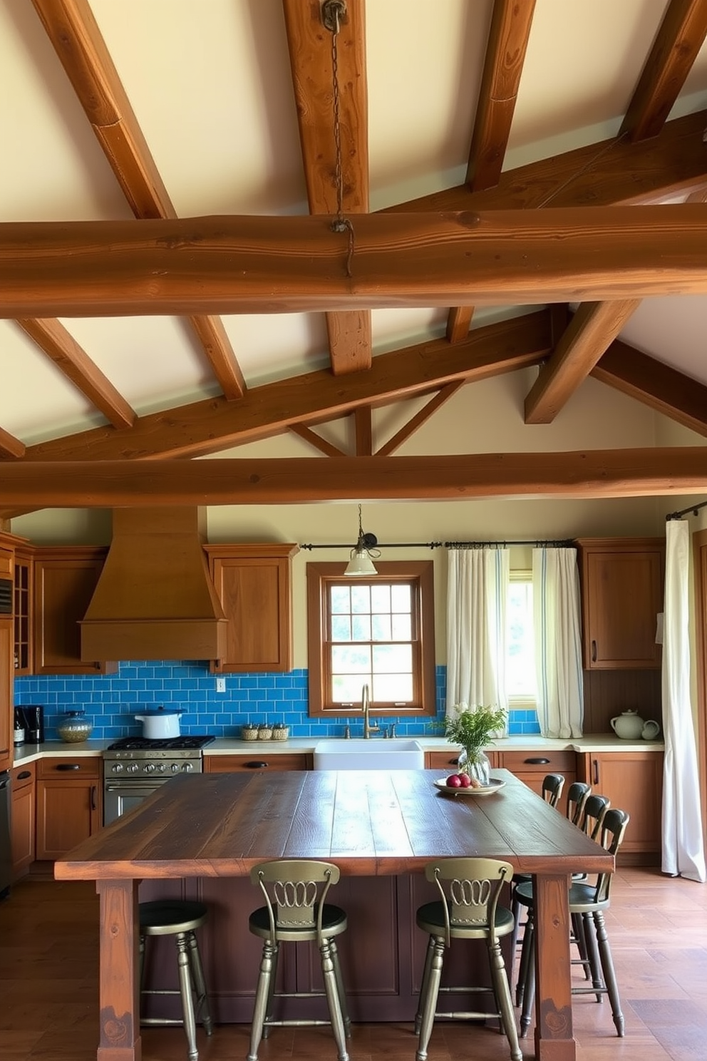 Rustic wooden beams stretch across the ceiling, adding warmth and character to the space. The kitchen features a large island with a reclaimed wood countertop, surrounded by vintage-style bar stools. Bright blue tiles adorn the backsplash, complementing the earthy tones of the cabinetry. A farmhouse sink sits beneath a window, framed by flowing white curtains that allow natural light to flood the room.