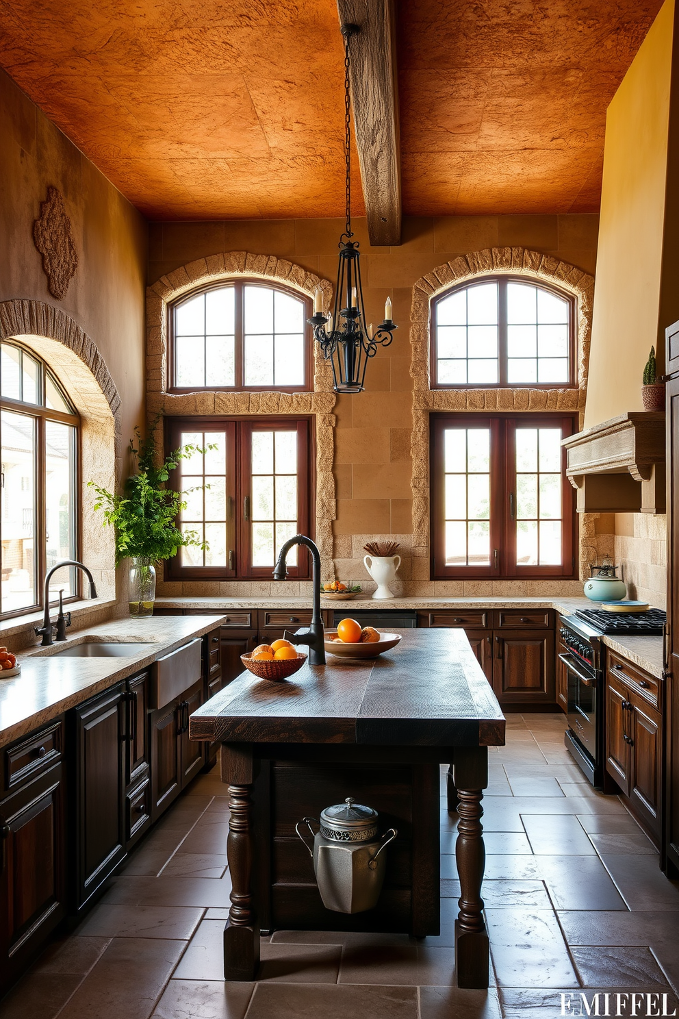 Textured wall finishes create a rich and inviting atmosphere in a Mediterranean kitchen. The walls are adorned with warm earthy tones, featuring plaster, stone, or reclaimed wood for added depth and character. Natural light floods the space through large windows, illuminating the handcrafted tiles and rustic cabinetry. An island with a wooden countertop serves as a central gathering point, complemented by wrought iron fixtures and vibrant ceramic accents.