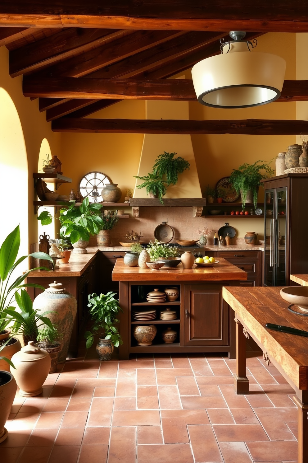 A warm Mediterranean kitchen filled with decorative pottery and lush green plants. The space features terracotta tiles, wooden beams on the ceiling, and a large island with a rustic wooden countertop.