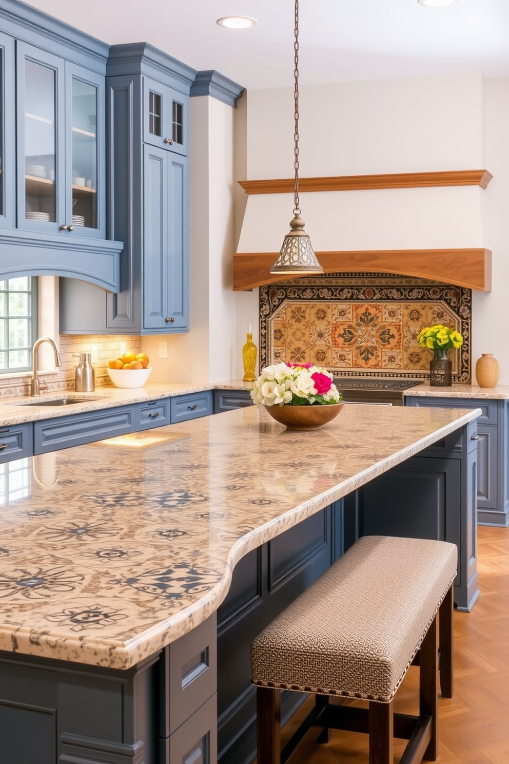 A spacious kitchen island serves as the focal point for gatherings, featuring a smooth granite countertop with ample seating. The cabinetry is painted in a soft blue hue, complemented by warm wooden accents and intricate tile backsplash inspired by Mediterranean patterns.