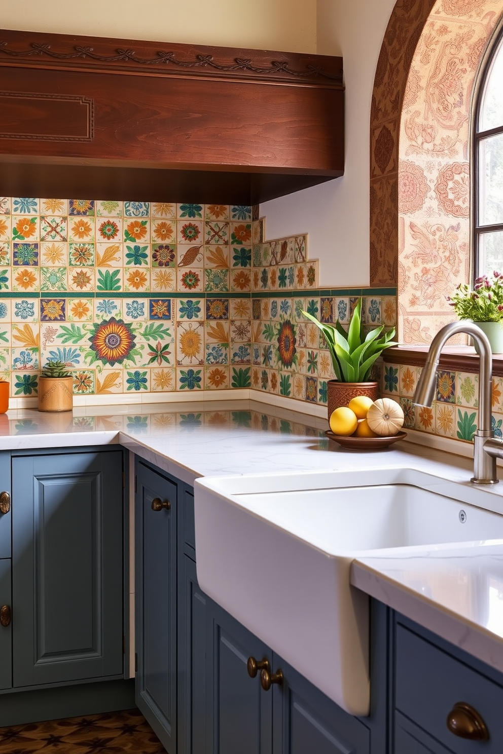 Textured stone walls create a rustic appeal that enhances the warmth of the Mediterranean kitchen. The space features open shelving displaying handcrafted pottery, complemented by wooden beams across the ceiling for an authentic touch.