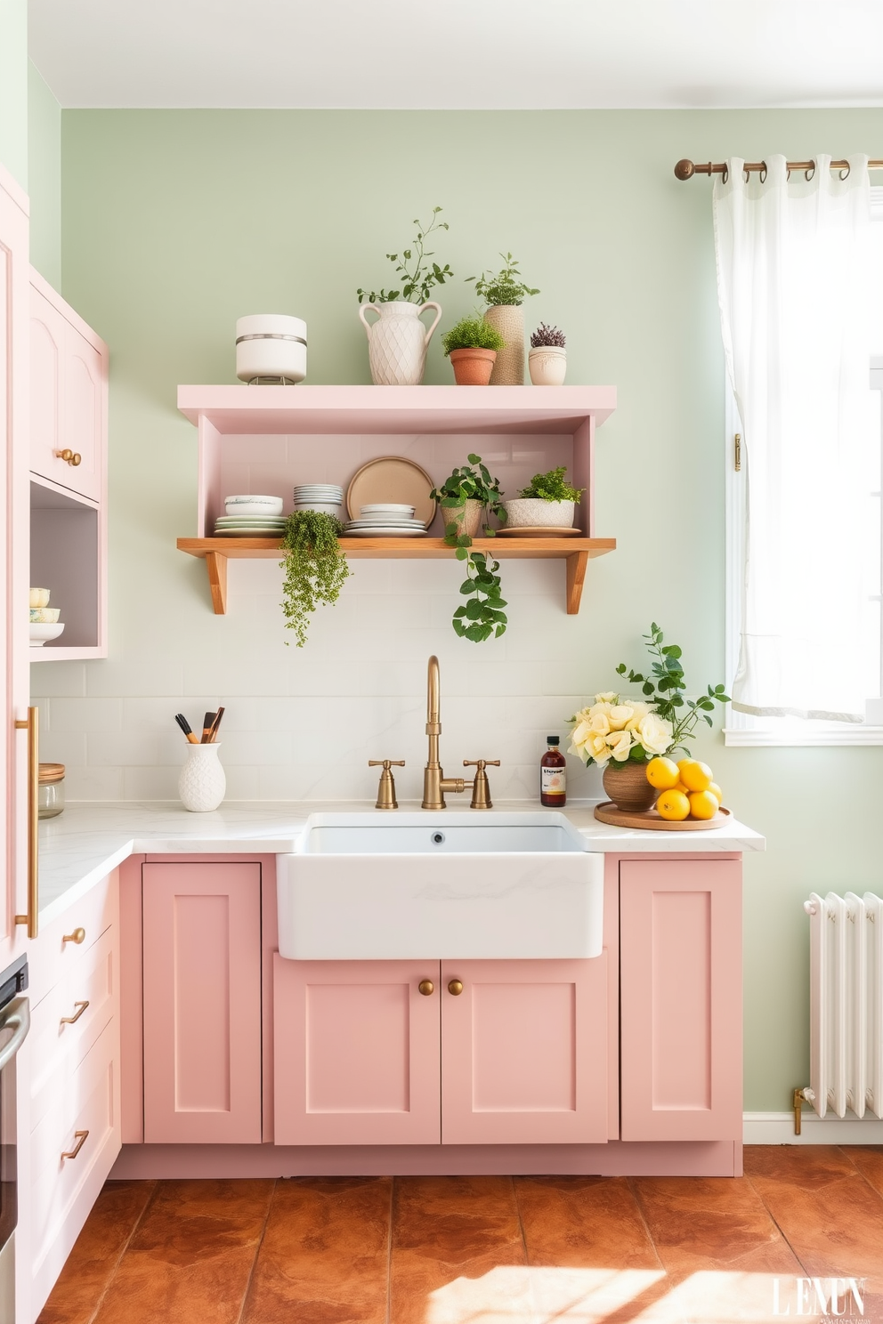 Soft pastel colors create a serene atmosphere in this Mediterranean kitchen. The walls are painted in a light mint green, complemented by soft pink cabinetry that adds warmth and charm. The countertop features a smooth white marble finish with subtle gray veining. Above the countertop, open shelving displays rustic ceramic dishes and potted herbs, enhancing the inviting ambiance. Natural light floods the space through large windows adorned with sheer white curtains. The floor is laid with terracotta tiles, adding an earthy texture that grounds the design. A large farmhouse sink sits beneath the window, surrounded by elegant fixtures in a brushed gold finish. Accents of lemon yellow in the decor bring a cheerful touch to the overall serene palette.