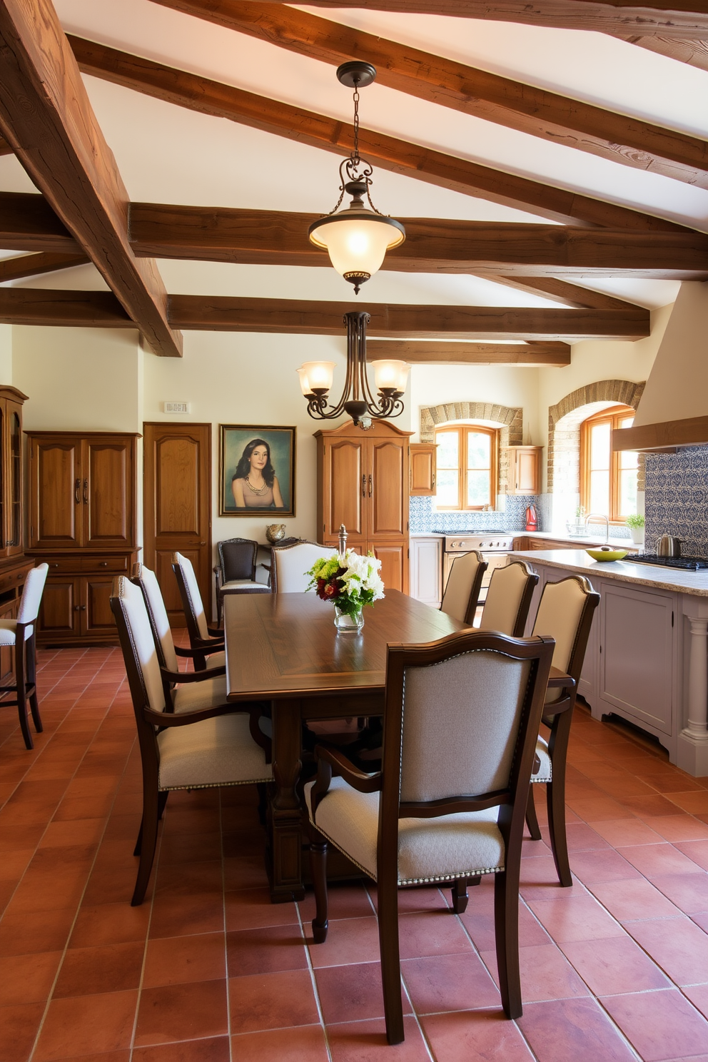 A traditional wood dining table sits at the center of the room surrounded by elegant upholstered chairs. The warm tones of the wood complement the soft lighting that creates an inviting atmosphere for family meals. In the Mediterranean kitchen, terracotta tiles line the floor while rustic wooden beams stretch across the ceiling. Bright blue and white tiles adorn the backsplash, adding a vibrant touch to the space filled with natural light.