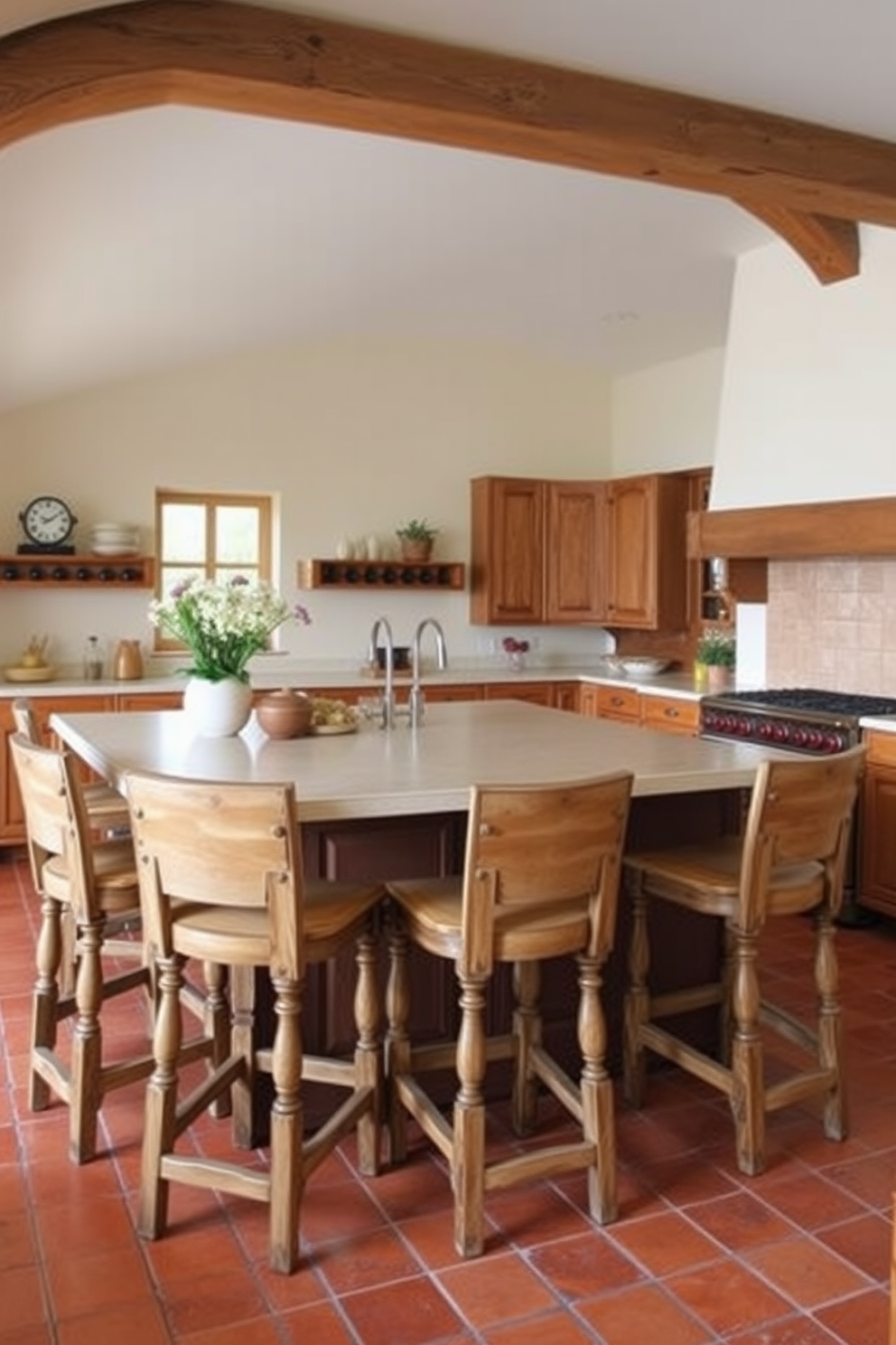 A Mediterranean kitchen design featuring decorative pottery accents. The space includes terracotta pots filled with vibrant herbs and colorful ceramic bowls displayed on open shelves.