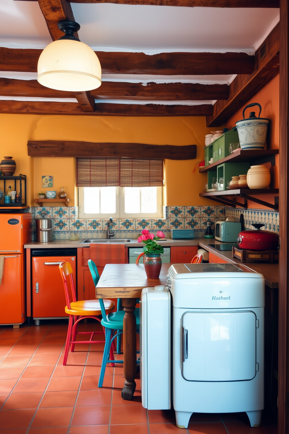 A charming Mediterranean kitchen featuring vintage-inspired appliances that evoke a sense of nostalgia. The warm color palette includes terracotta tiles and wooden beams, creating an inviting atmosphere. The kitchen is adorned with handcrafted ceramic tiles as a backsplash, complementing the retro appliances. A rustic wooden dining table sits in the center, surrounded by colorful chairs that enhance the Mediterranean vibe.