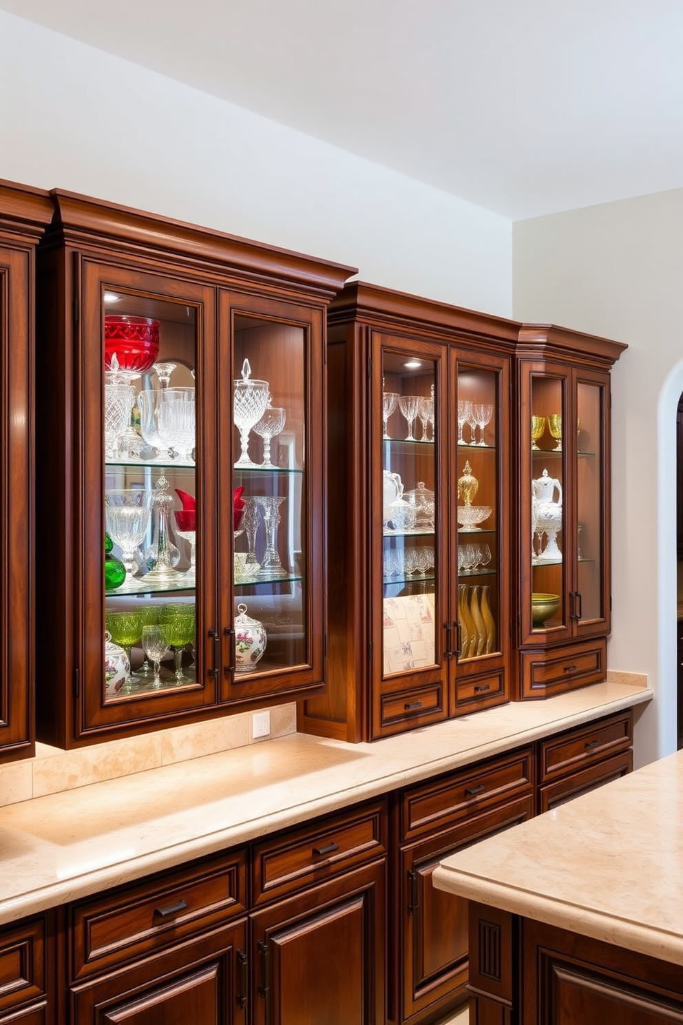 A Mediterranean kitchen featuring glass-front cabinets that elegantly display an array of colorful glassware. The cabinets are framed with intricate wooden details, and the countertops are made of polished stone, enhancing the warm and inviting atmosphere.