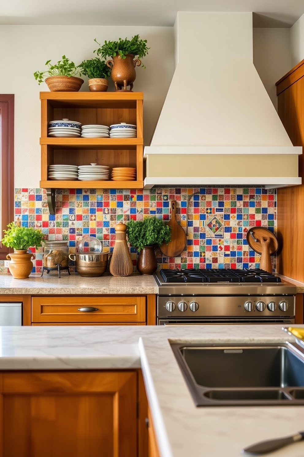 A vibrant Mediterranean kitchen featuring colorful mosaic tile backsplashes that add a lively touch to the space. The cabinetry is a warm wood tone, complemented by open shelving displaying rustic dishware and fresh herbs.