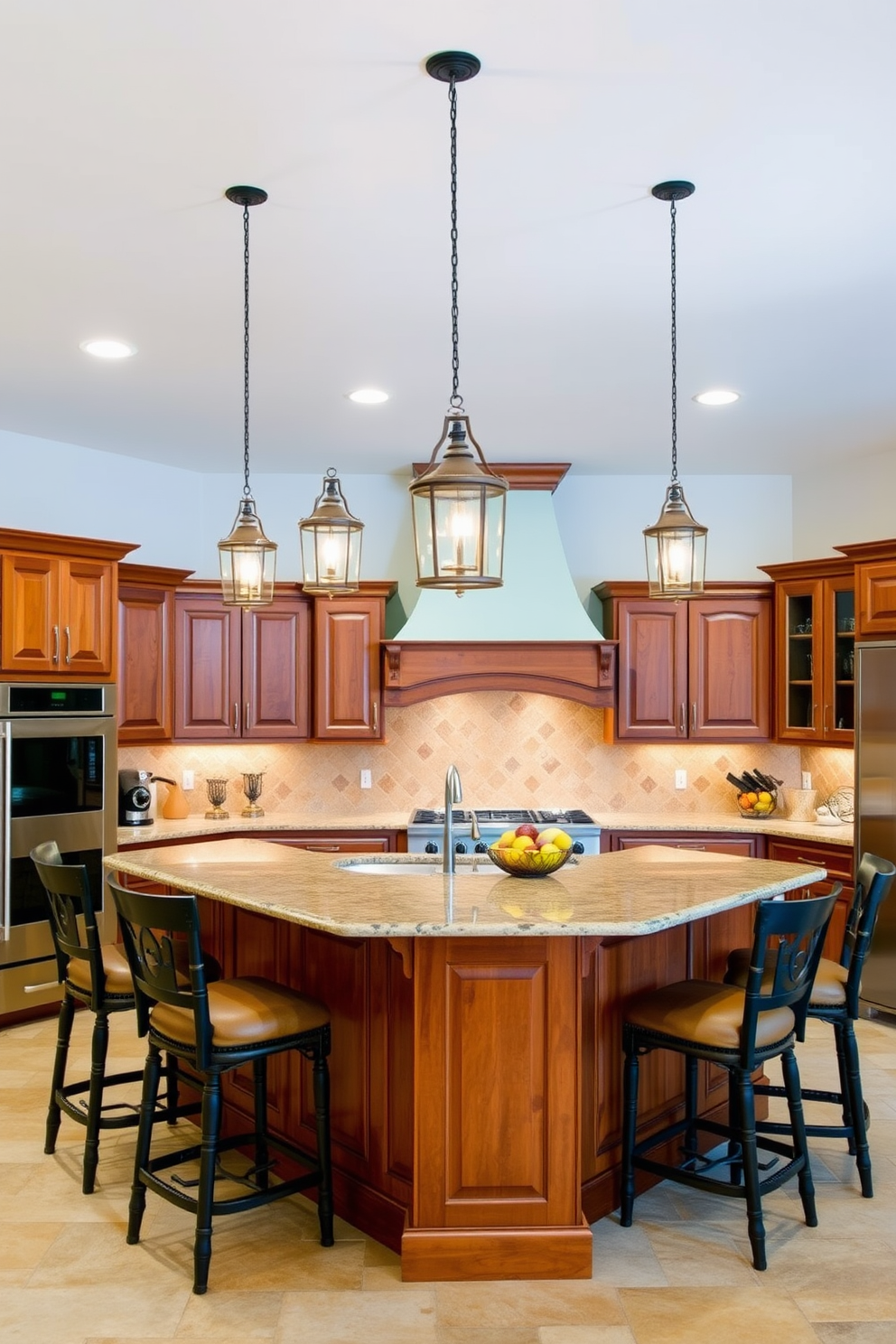 A Mediterranean kitchen features an expansive island topped with a rich wooden surface. Elegant pendant lights hang gracefully above, casting a warm glow and enhancing the inviting atmosphere.