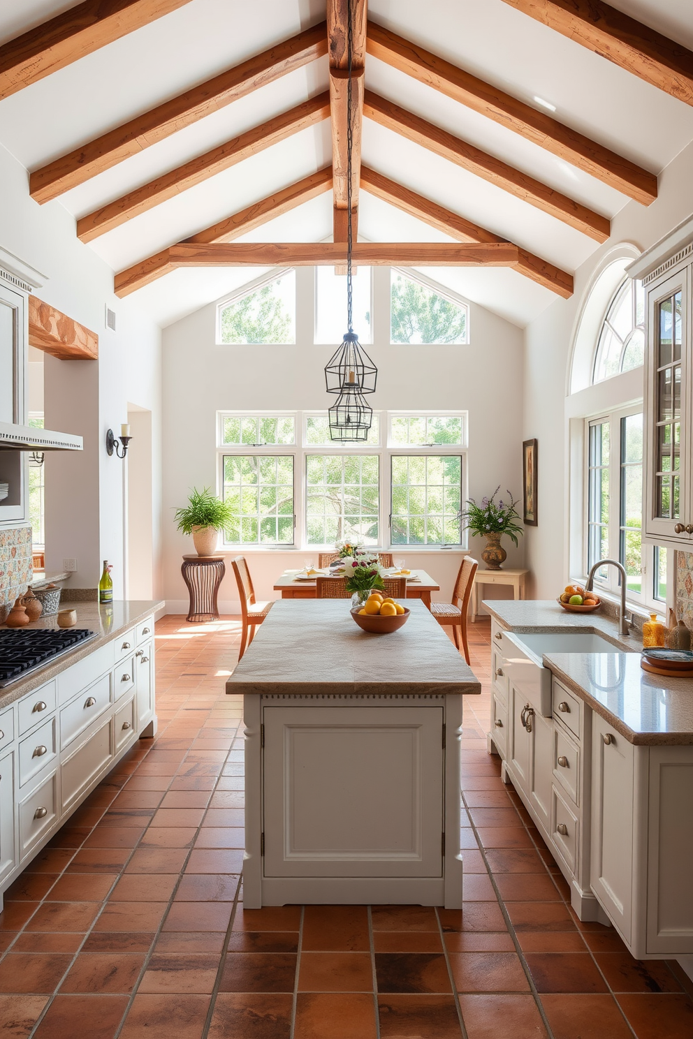 A spacious Mediterranean kitchen with an open floor plan that allows for seamless flow between the cooking and dining areas. The kitchen features warm wooden cabinetry, a large island with a rustic wood top, and decorative tile backsplash in vibrant colors. Natural light floods the space through large windows, highlighting the terracotta floor tiles. A farmhouse sink sits beneath the window, complemented by wrought iron fixtures and a collection of potted herbs on the windowsill.