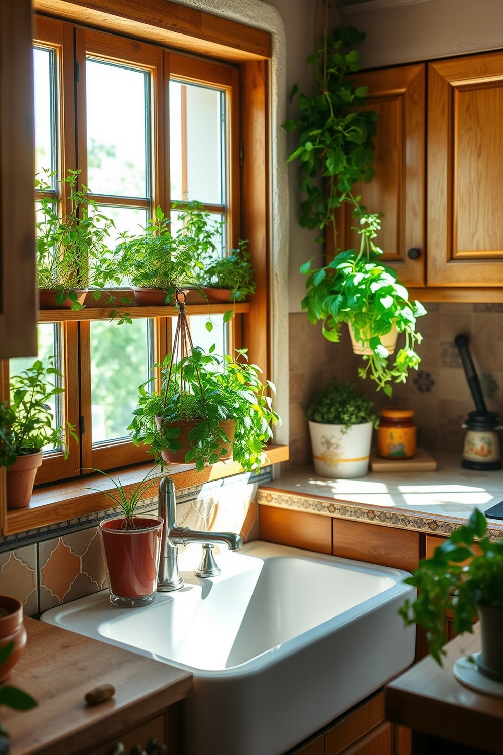 A warm Mediterranean kitchen filled with natural light. Herb gardens flourish on the windowsills, providing a fresh and fragrant atmosphere. The cabinetry features rustic wooden finishes, complemented by colorful ceramic tiles that add vibrancy to the space. A large farmhouse sink sits beneath the window, with hanging pots of fresh herbs nearby for easy access while cooking.