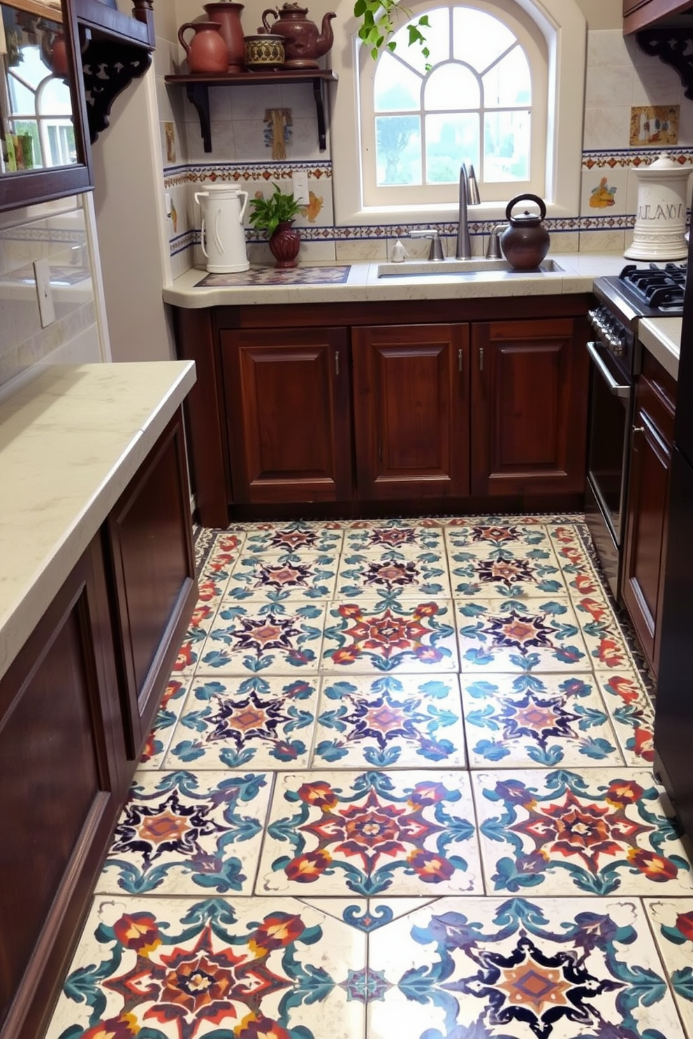 A Mediterranean kitchen featuring intricate tile patterns on the floor. The tiles are adorned with vibrant colors and geometric shapes, creating a lively and inviting atmosphere.