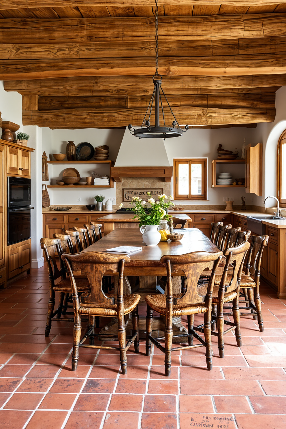 A Mediterranean kitchen featuring natural wood accents that enhance warmth and texture. The space includes a large wooden dining table surrounded by rustic chairs, complemented by terracotta tiles on the floor.