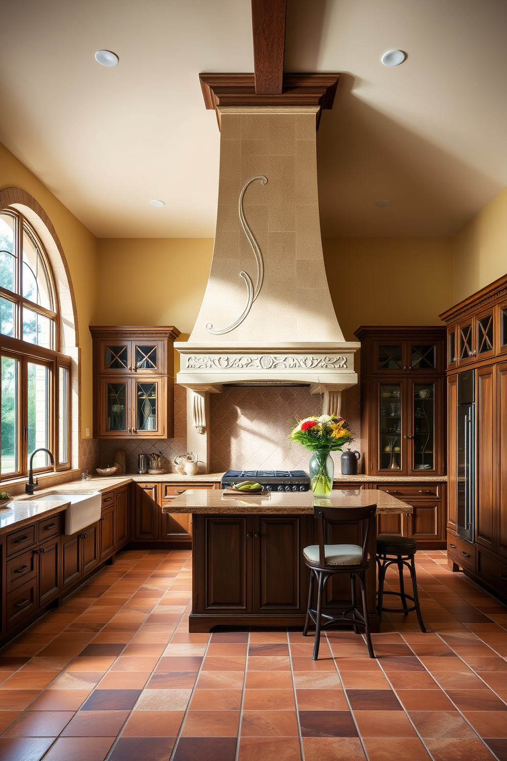 A stunning Mediterranean kitchen featuring a sculptural range hood that serves as a focal point. The kitchen is adorned with warm terracotta tiles and rustic wooden cabinetry, creating an inviting atmosphere. Natural light floods the space through large windows, highlighting the intricate details of the range hood. A spacious island with bar seating complements the design, offering both functionality and style.