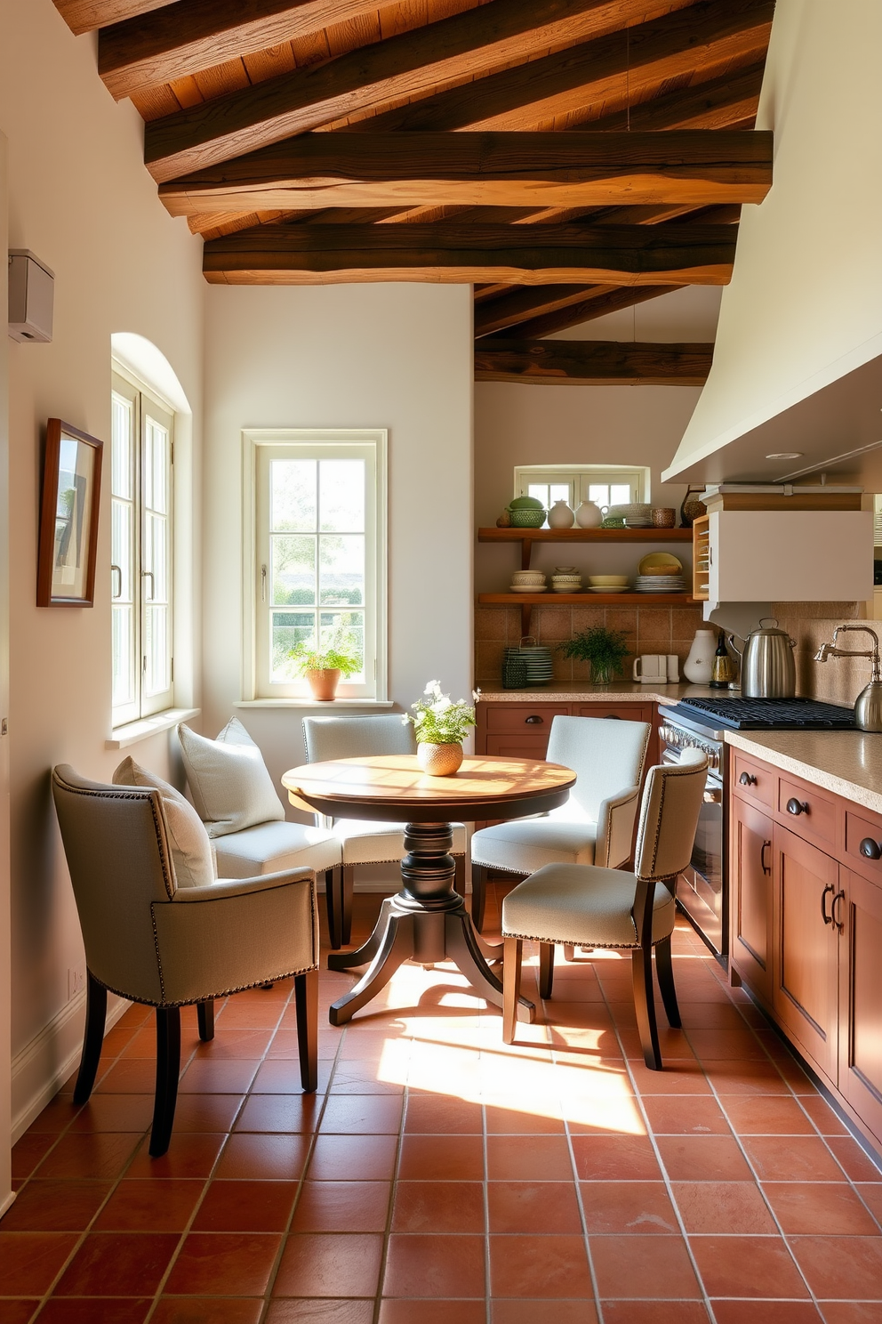 A Mediterranean kitchen featuring handcrafted cabinetry with intricate carvings and warm wood tones. The space is adorned with colorful ceramic tiles and rustic open shelving displaying vibrant dishware.