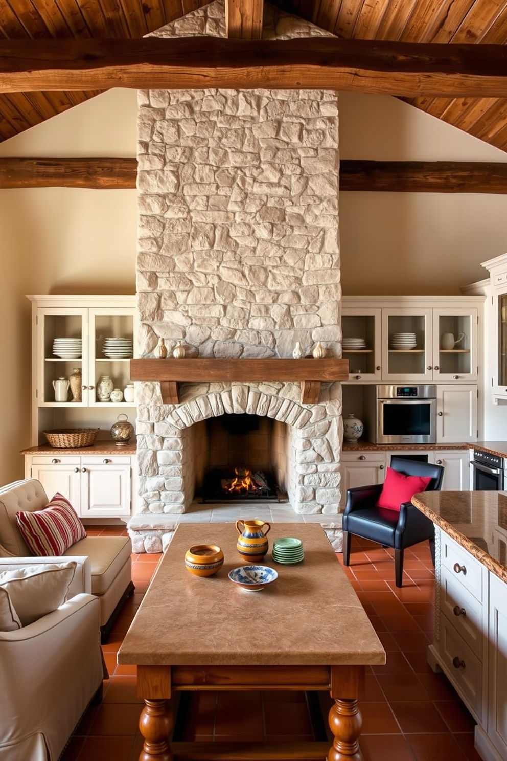 Classic stone fireplace as a focal point. The fireplace is surrounded by rustic wooden beams and complemented by a cozy seating area featuring plush armchairs and a wooden coffee table. Mediterranean kitchen design ideas. The kitchen showcases terracotta tiles, whitewashed cabinets, and a large island topped with a natural stone surface, accented by colorful ceramic dishware.