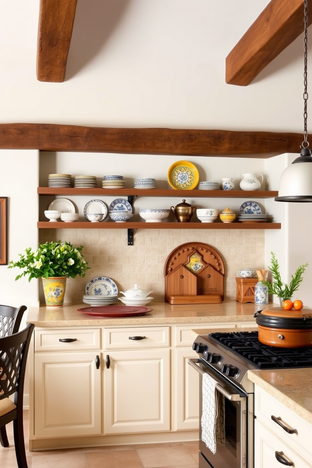 A warm and inviting Mediterranean kitchen features open shelving adorned with beautifully arranged decorative dishes. The cabinetry is a soft cream color, complemented by rustic wooden beams that add character to the space.