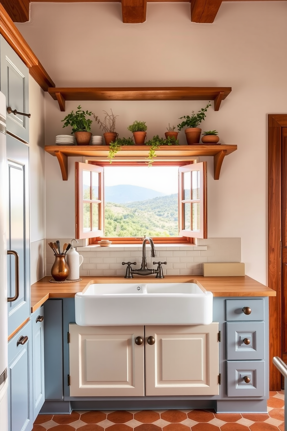 A charming Mediterranean kitchen featuring a farmhouse sink with vintage faucets. The cabinetry is painted in a soft blue, complemented by warm wooden accents and terracotta tiles on the floor. Above the sink, a window frames a picturesque view, allowing natural light to flood the space. Decorative open shelving displays rustic dishware and potted herbs, adding a touch of warmth and character.