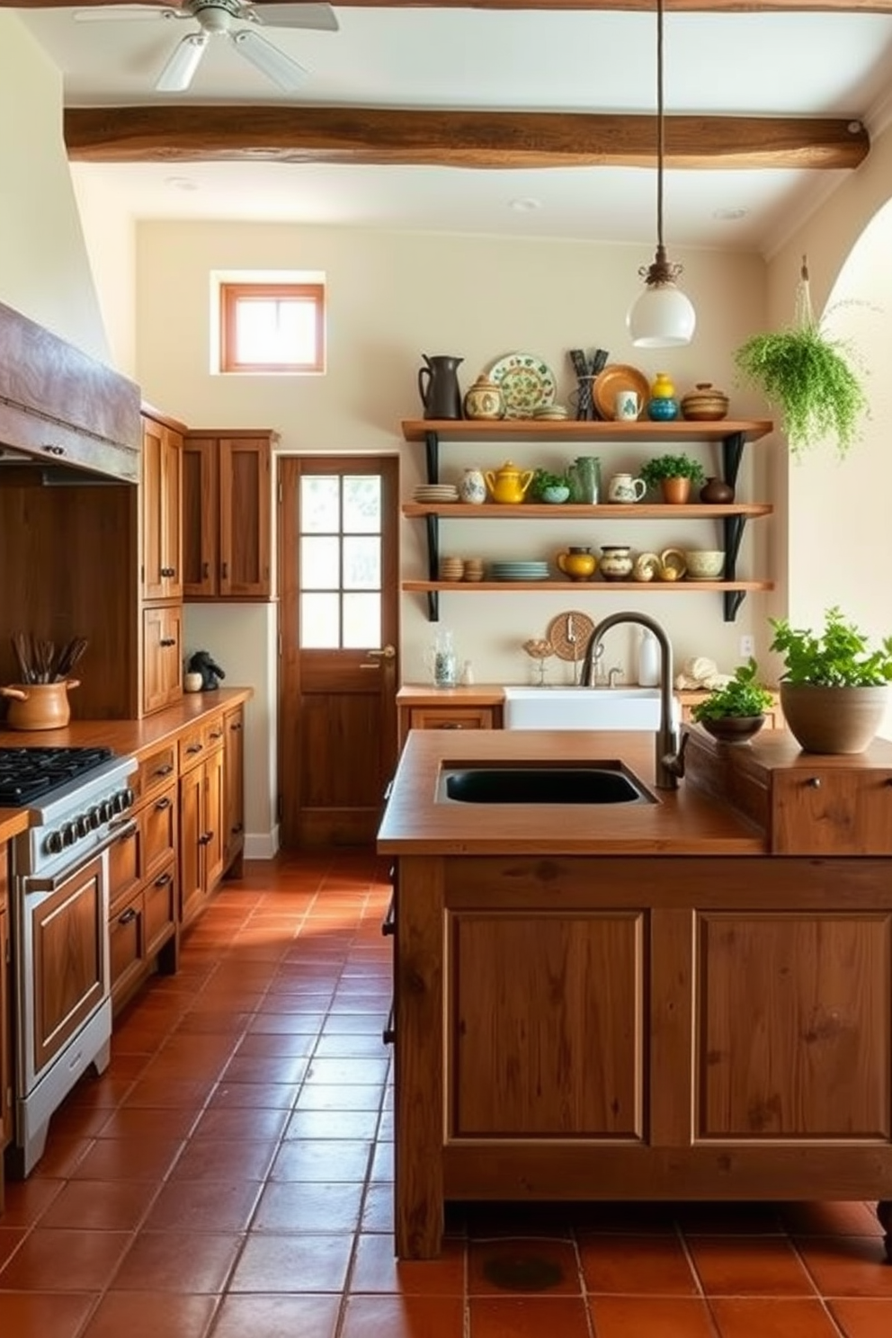 A Mediterranean kitchen features warm terracotta flooring that enhances the earthy tones throughout the space. The kitchen is adorned with rustic wooden cabinets, a large farmhouse sink, and open shelving displaying colorful ceramics and fresh herbs.