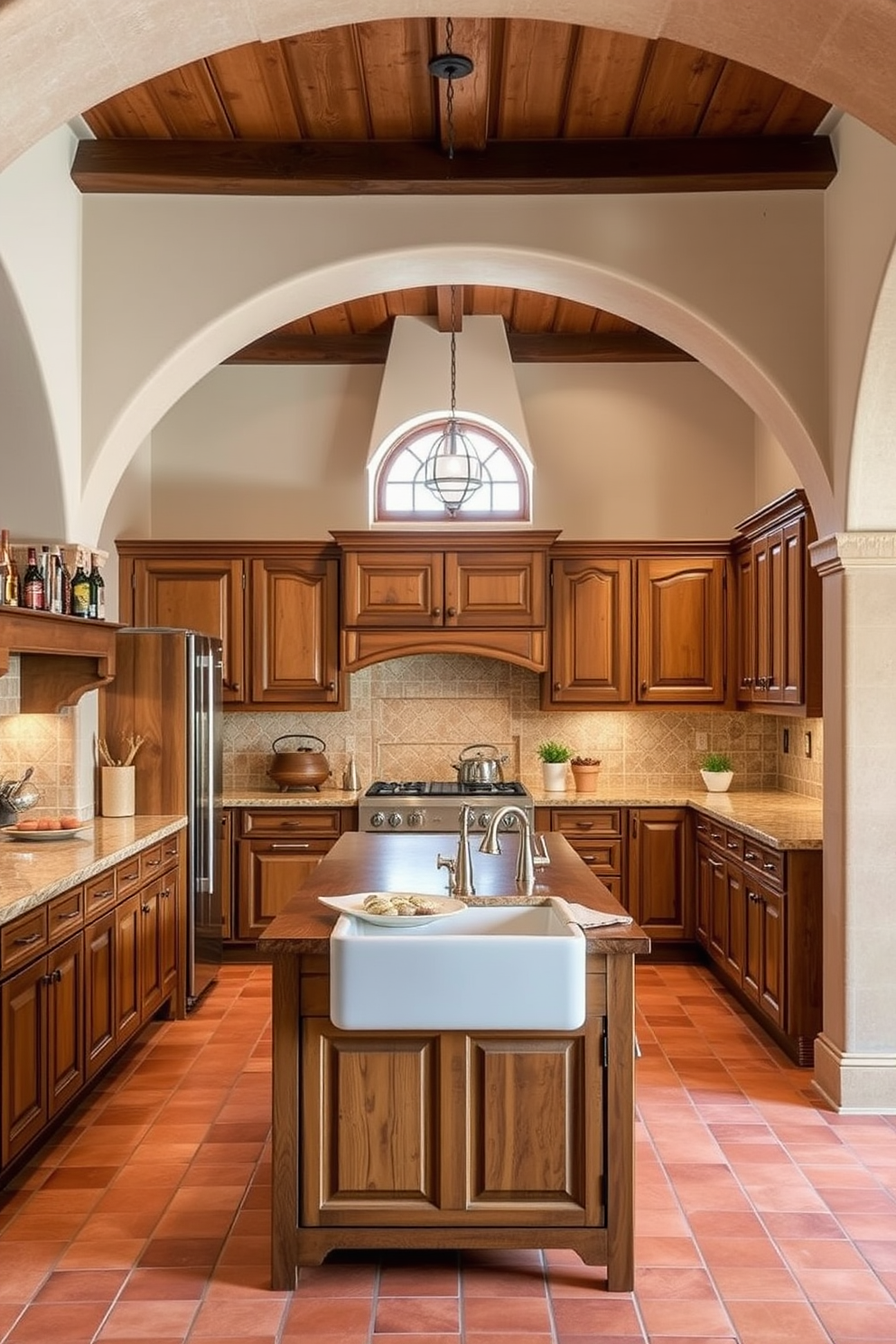 A large farmhouse sink with a vintage faucet is the centerpiece of this Mediterranean kitchen. The cabinetry is painted in a soft blue hue, complemented by warm wooden accents and terracotta tiles on the floor.