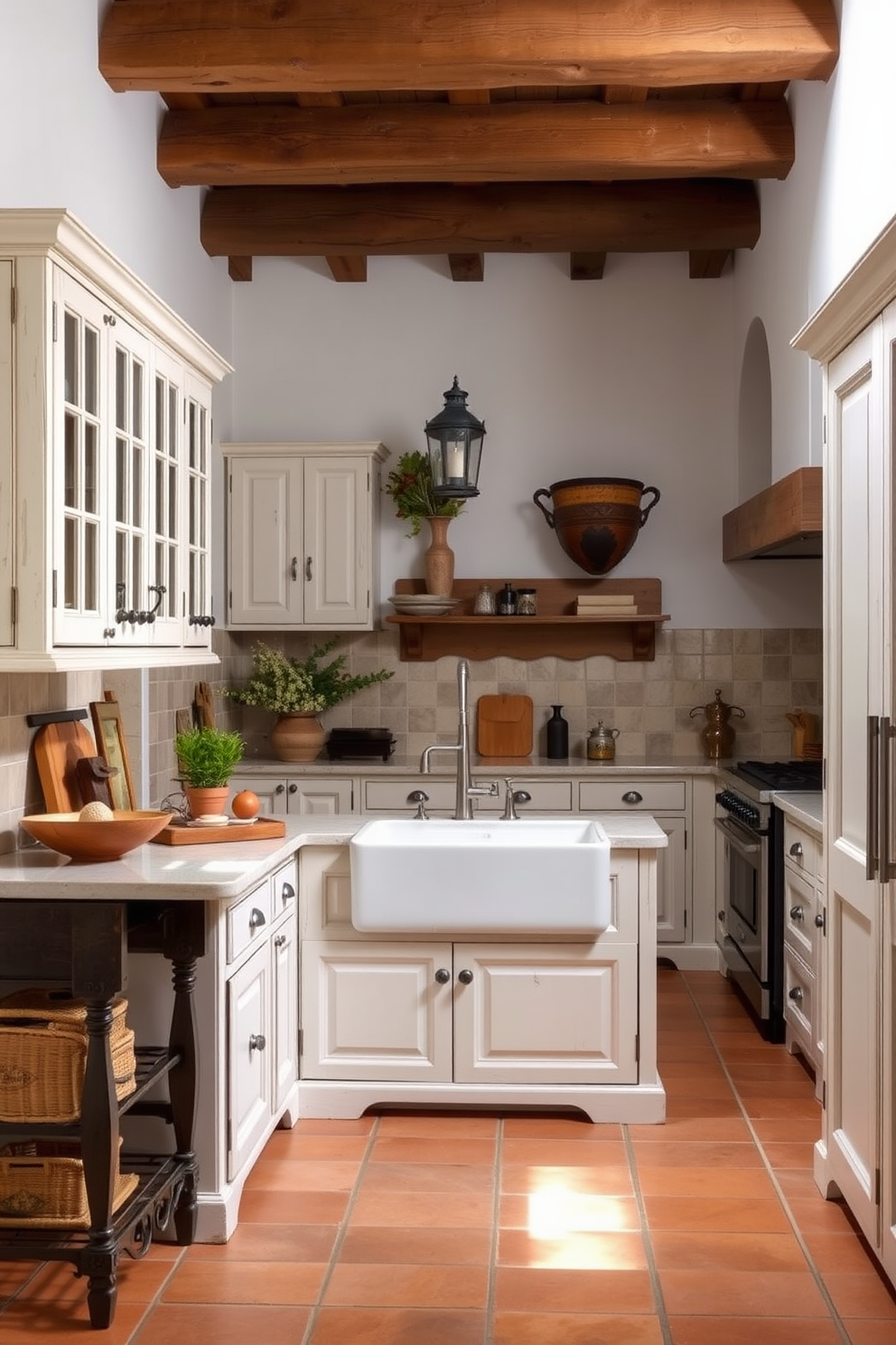 A Mediterranean kitchen featuring whitewashed cabinets that exude a classic charm. The space is adorned with terracotta tiles and a large farmhouse sink, complemented by rustic wooden beams overhead.