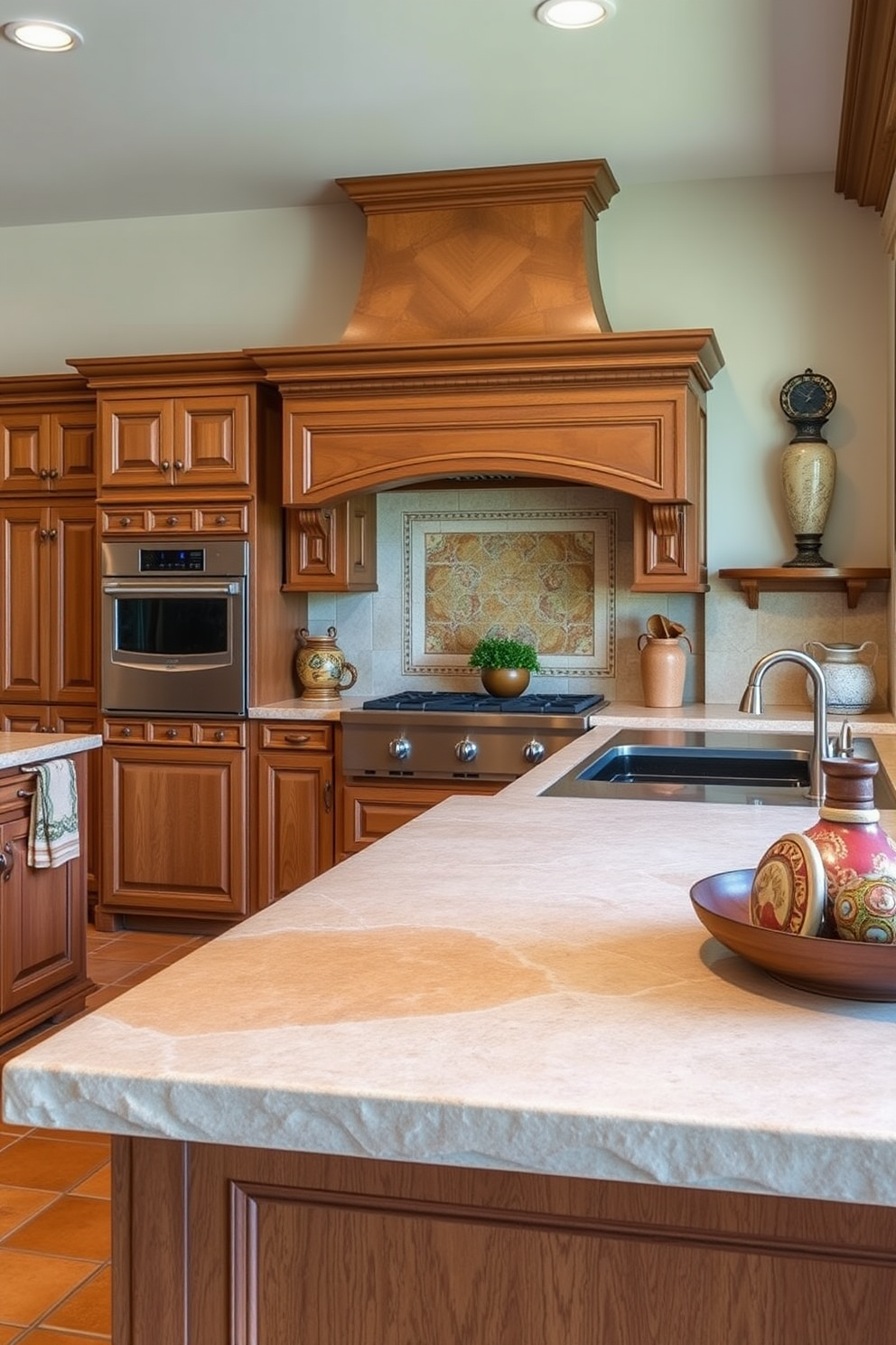 A Mediterranean kitchen featuring natural stone countertops that blend durability with beauty. The space is adorned with warm wooden cabinetry, terracotta tiles, and decorative ceramic accents that reflect the charm of Mediterranean design.