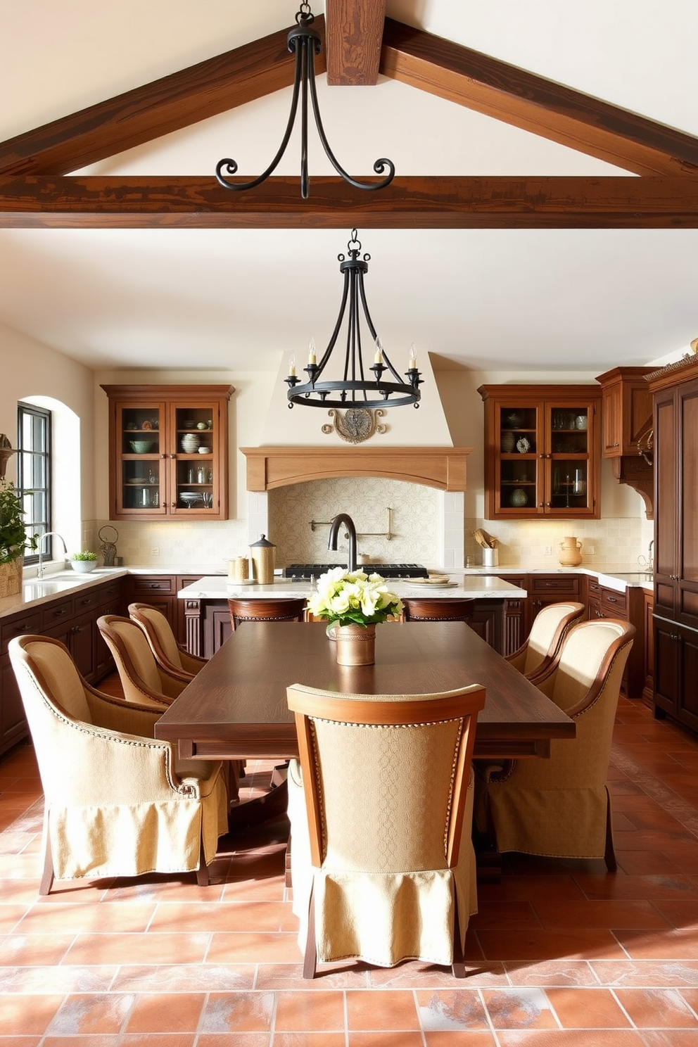 A Mediterranean kitchen featuring wrought iron light fixtures that add a touch of elegance. The space includes a large wooden dining table surrounded by upholstered chairs, with terracotta tiles on the floor and warm, earthy tones throughout the decor.