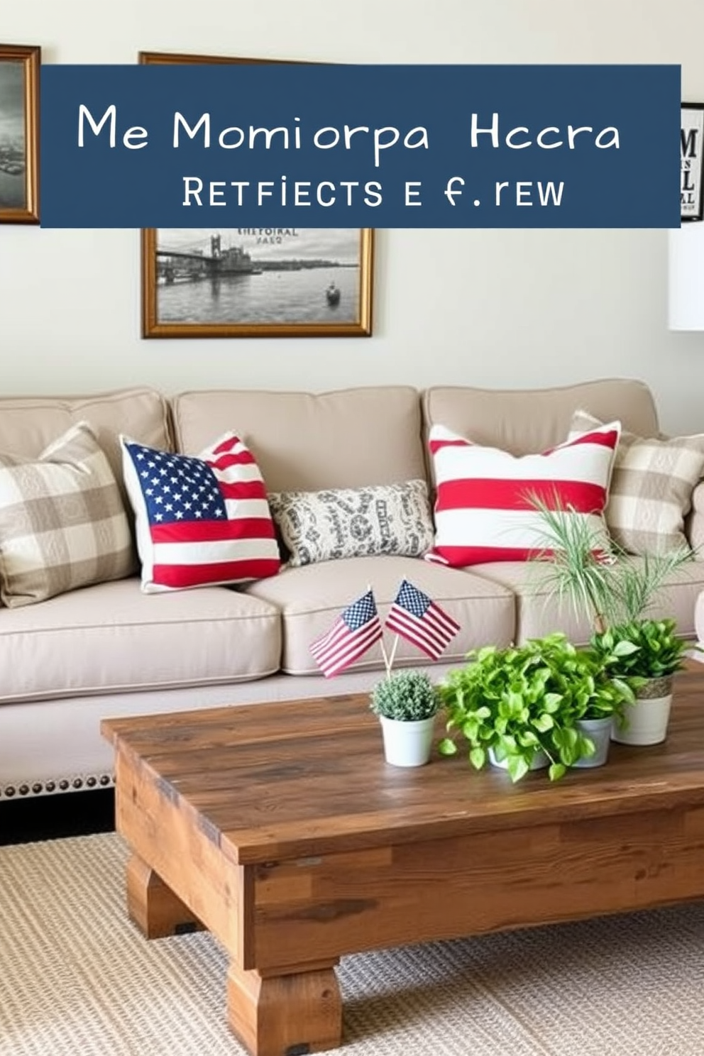 Create a cozy living room setting featuring a comfortable sofa adorned with red white and blue throw pillows. The pillows add a festive touch to the neutral-colored sofa, enhancing the patriotic theme for Memorial Day celebrations. Incorporate a rustic coffee table made of reclaimed wood, surrounded by a few potted plants for a fresh look. The walls are decorated with framed artwork that reflects the spirit of the holiday, creating a warm and inviting atmosphere.