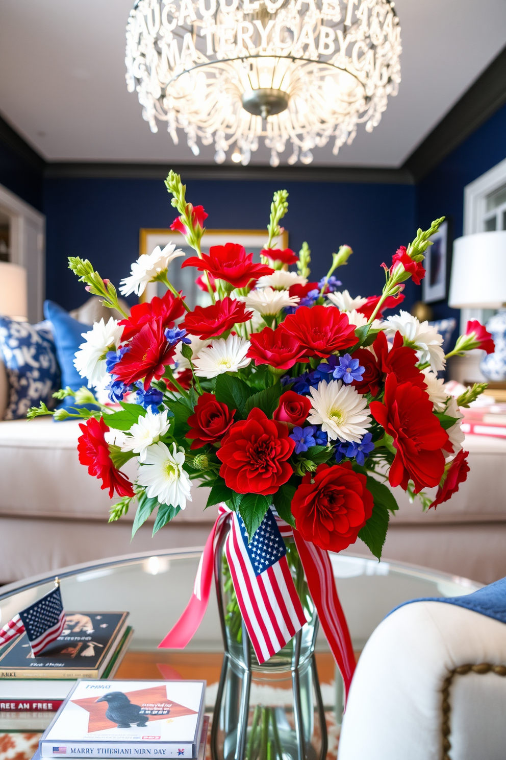 Create a vibrant apartment setting adorned with seasonal flowers in red, white, and blue to celebrate Memorial Day. The arrangement should include a mix of fresh blooms in various sizes, displayed in a stylish vase on a coffee table. Incorporate decorative elements that reflect the holiday theme, such as small flags or themed cushions on the sofa. The overall atmosphere should evoke a sense of patriotism and festive spirit while maintaining a cohesive and inviting design.