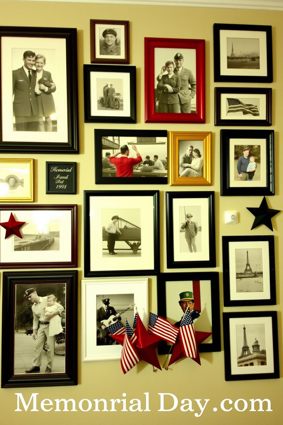 A patriotic themed photo gallery wall filled with framed pictures of family members in military uniforms and images of national landmarks. The frames vary in size and style, creating an eclectic yet cohesive look that celebrates heritage and pride. Red white and blue accents are incorporated through decorative elements such as star shaped wall art and small flags placed strategically among the photos. Soft lighting highlights the gallery, creating an inviting atmosphere for Memorial Day gatherings.