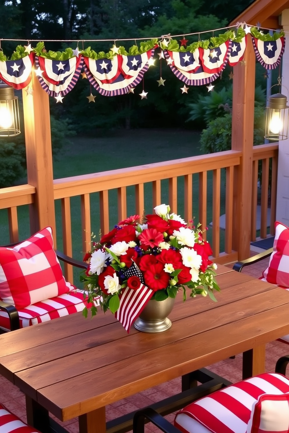 Create a festive outdoor setting featuring a garland adorned with stars and stripes, perfect for Memorial Day celebrations. The garland is draped along a wooden railing, complemented by hanging lanterns that cast a warm glow in the evening. Incorporate red, white, and blue cushions on patio furniture to enhance the patriotic theme. A centerpiece of fresh flowers in similar colors sits on a rustic table, creating a welcoming atmosphere for guests.